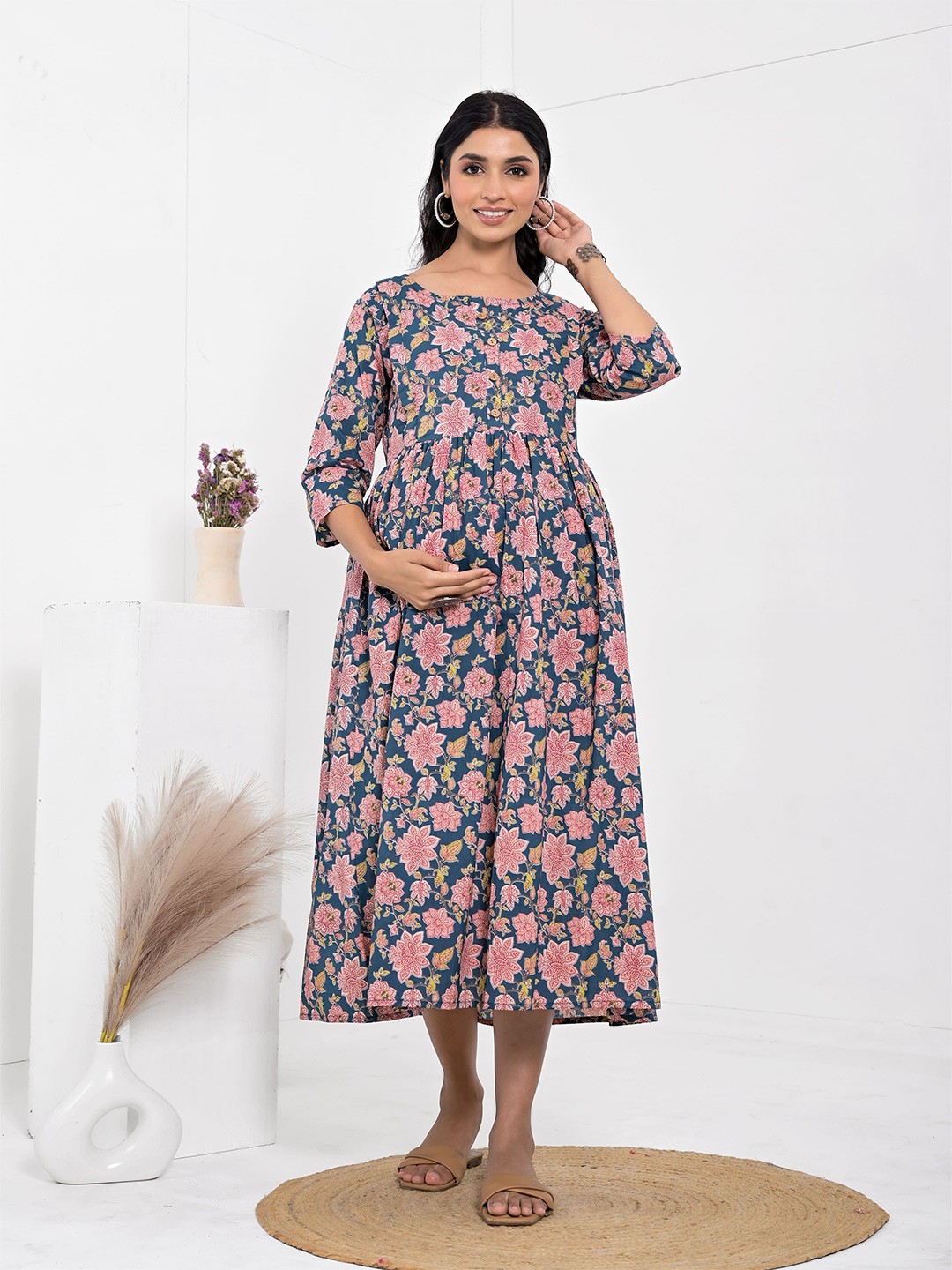 

Kaheksa Floral Printed Maternity A-Line Midi Dress, Blue