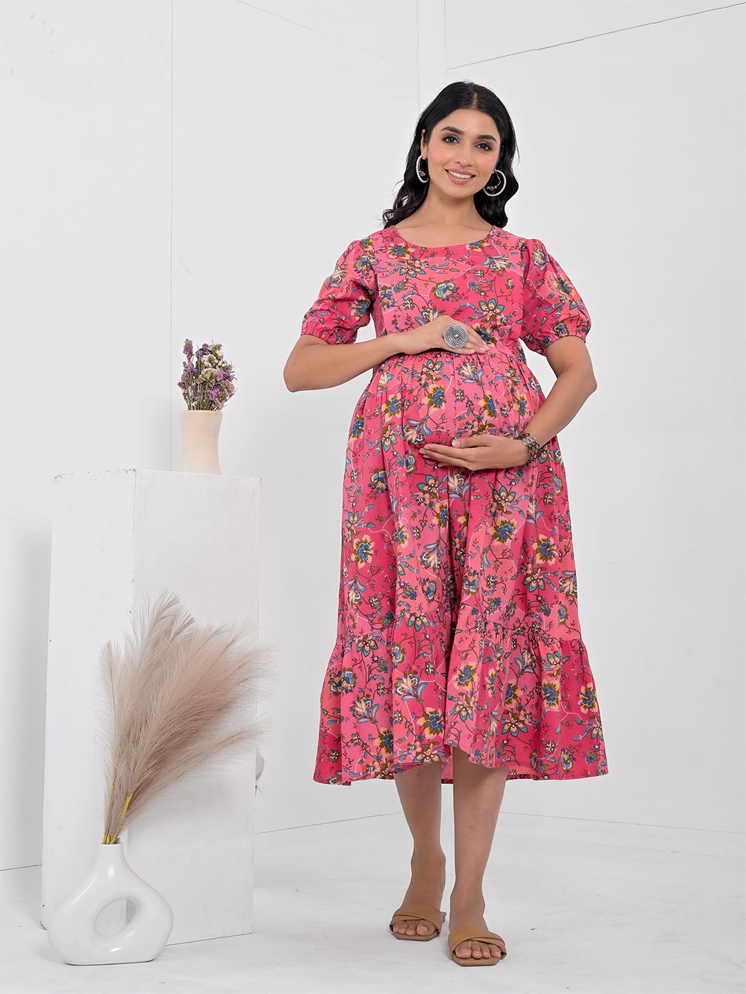 

Kaheksa Floral Print Puff Sleeve Maternity Empire Midi Dress, Pink