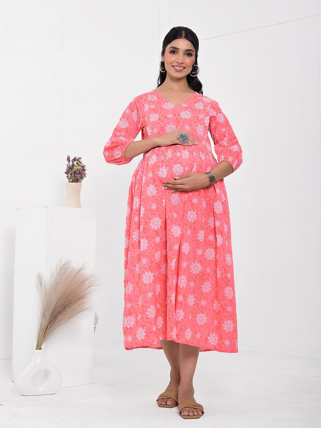 

Kaheksa Floral Print Maternity Fit & Flare Midi Dress, Pink