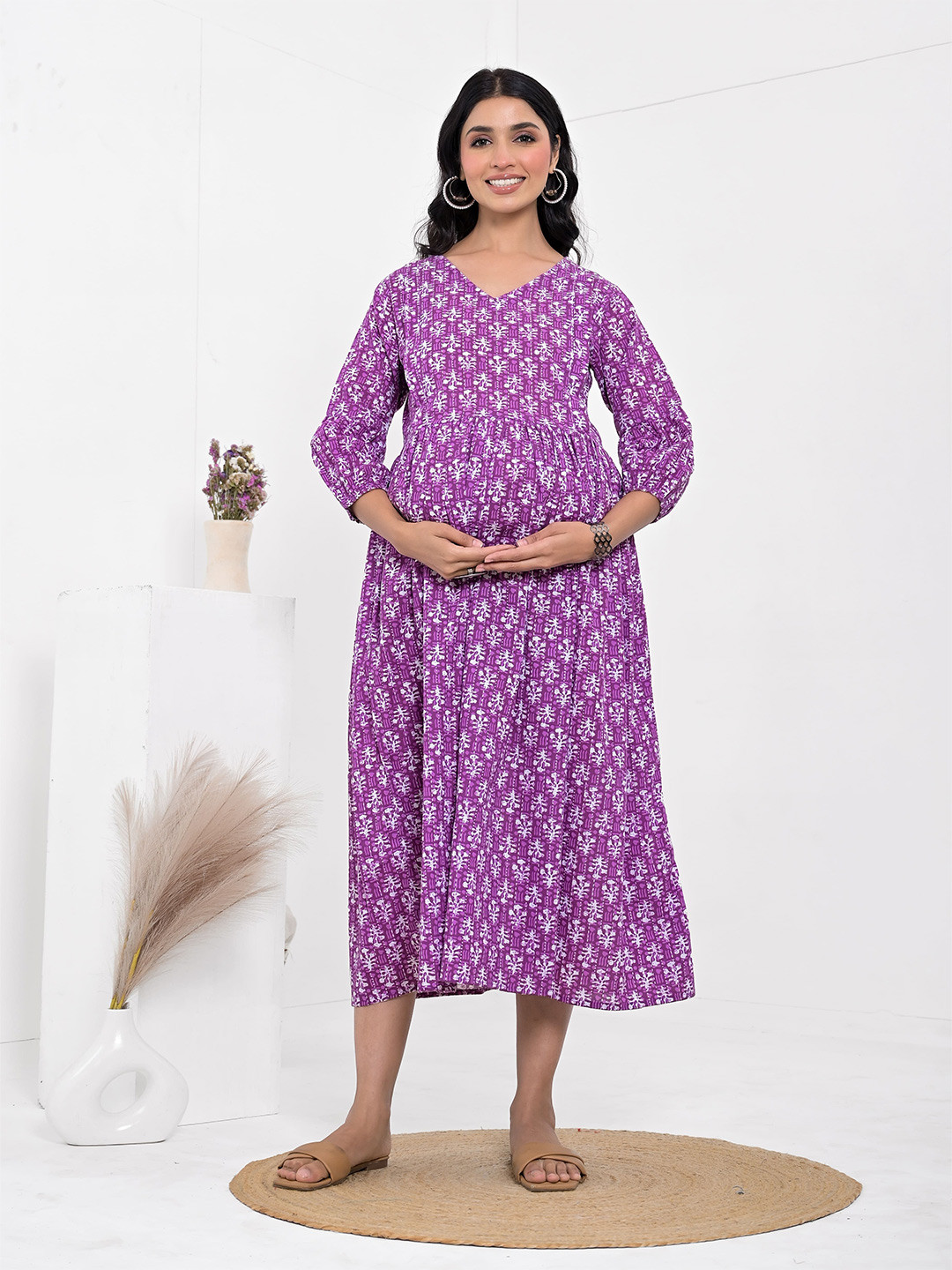 

Kaheksa Floral Print Maternity Fit & Flare Midi Dress, Purple
