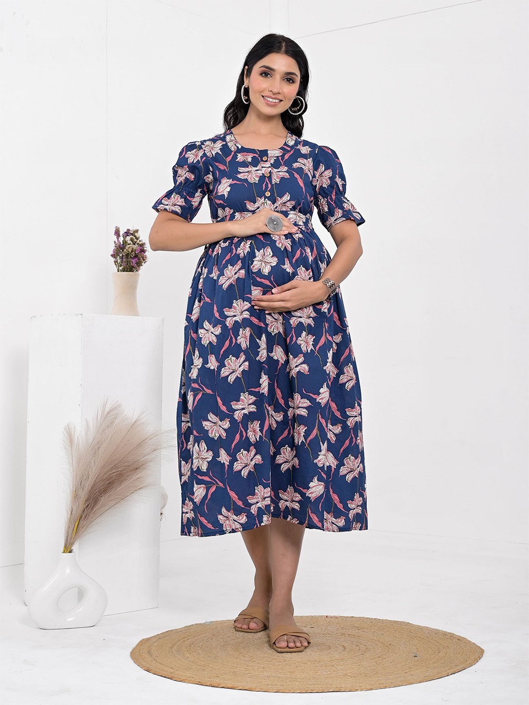 

Kaheksa Floral Print Maternity Fit & Flare Midi Dress, Blue