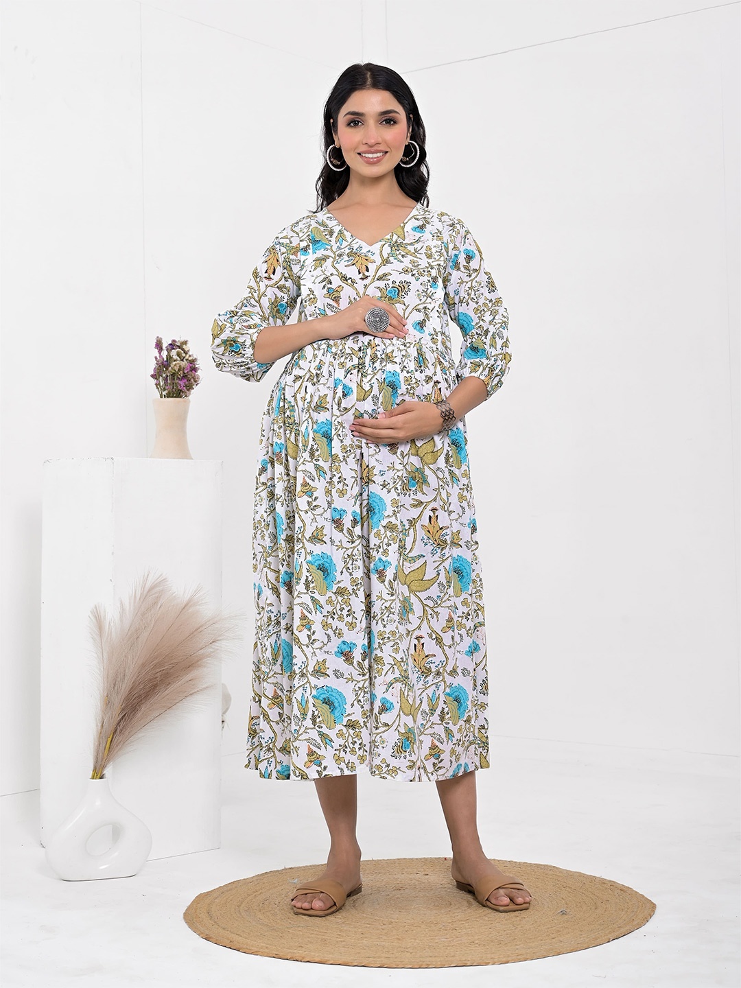 

Kaheksa Floral Print Maternity Fit & Flare Midi Dress, White