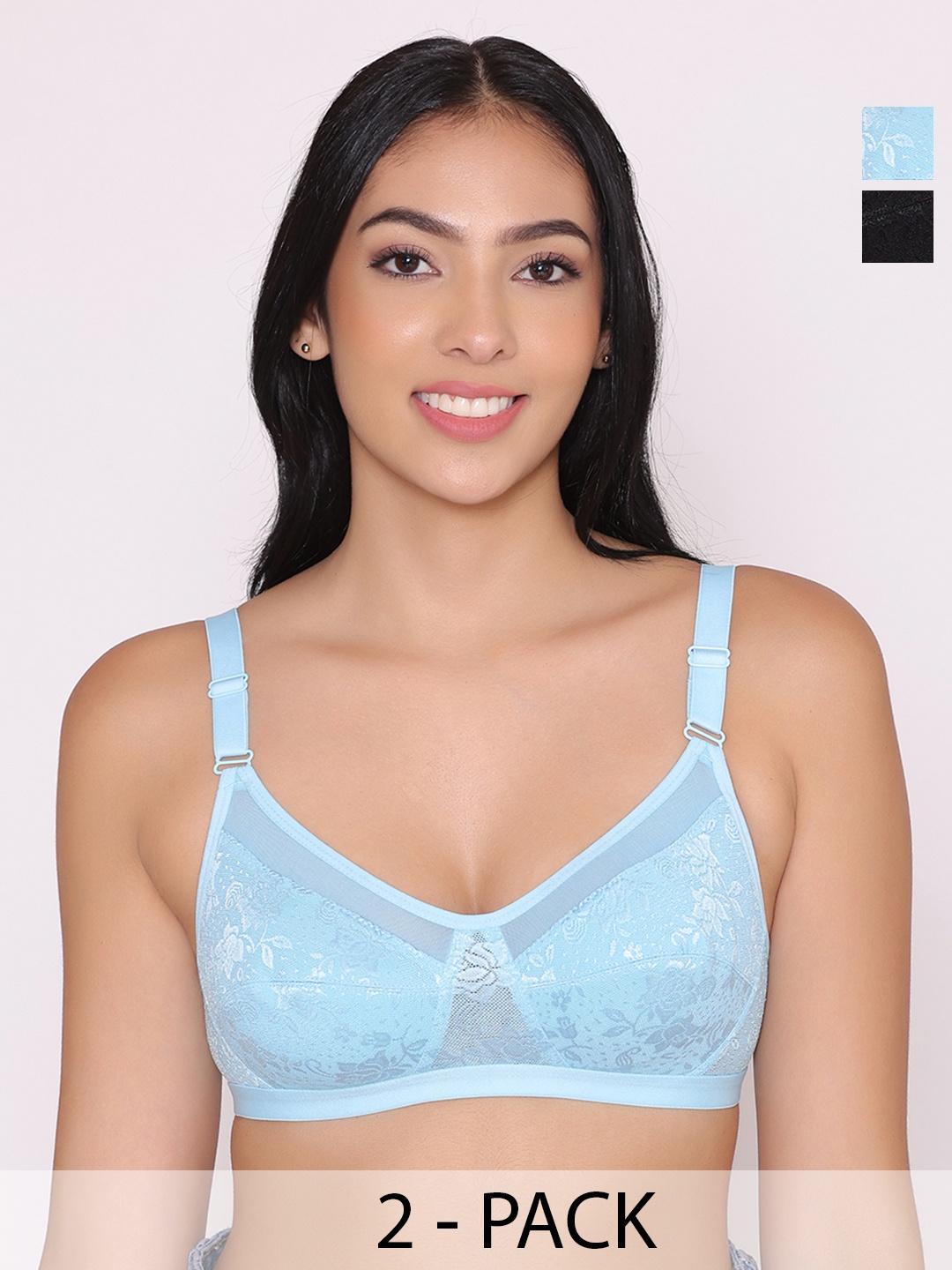 

INKURV Women Floral Bra Full Coverage PACK OF 2, Black
