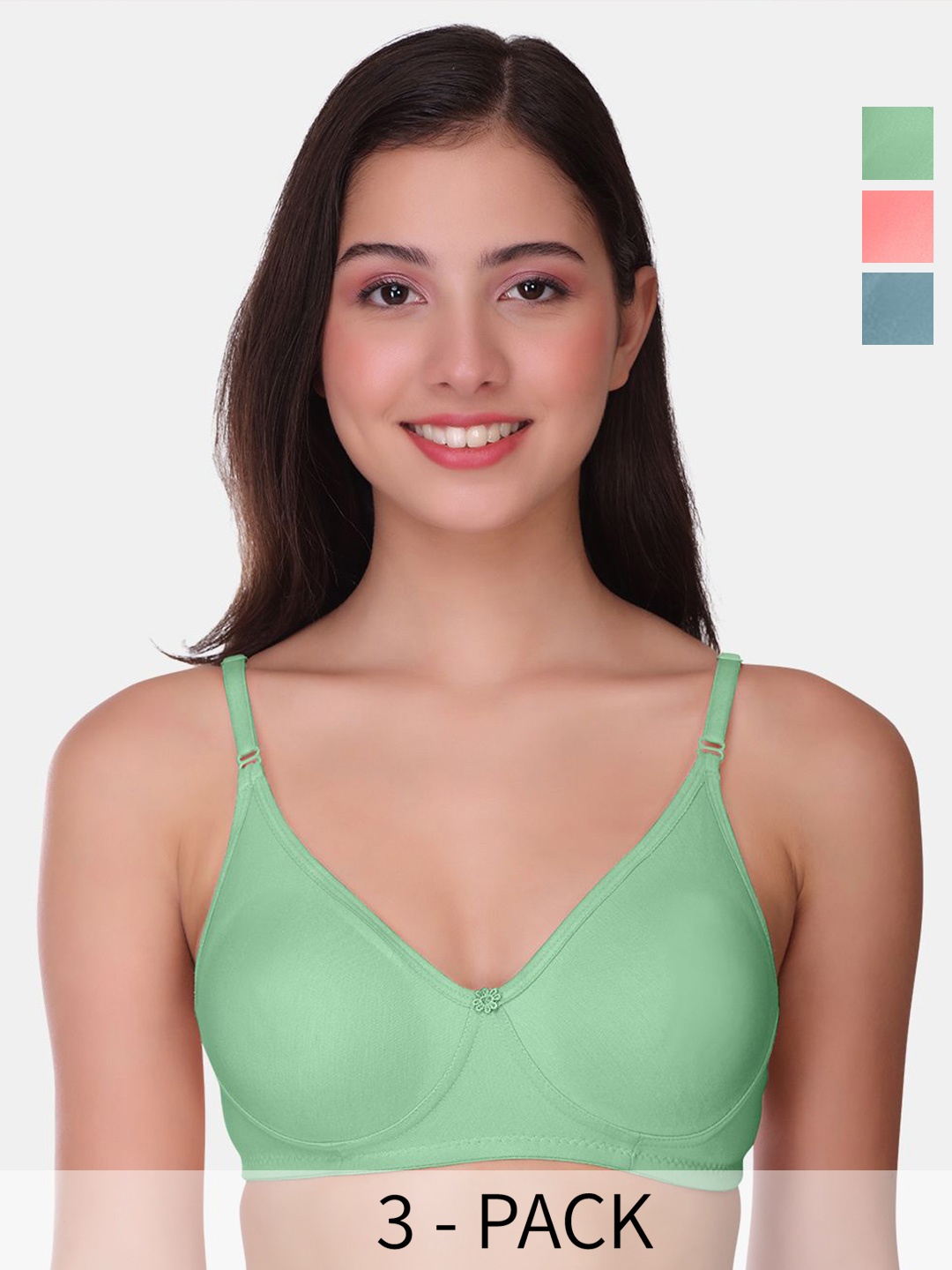 

POOJA RAGENEE Womens Full Coverage Non Padded Bra Pack of 3 (MQ3057_3P_TGR_BPK_BLU_28B), Green