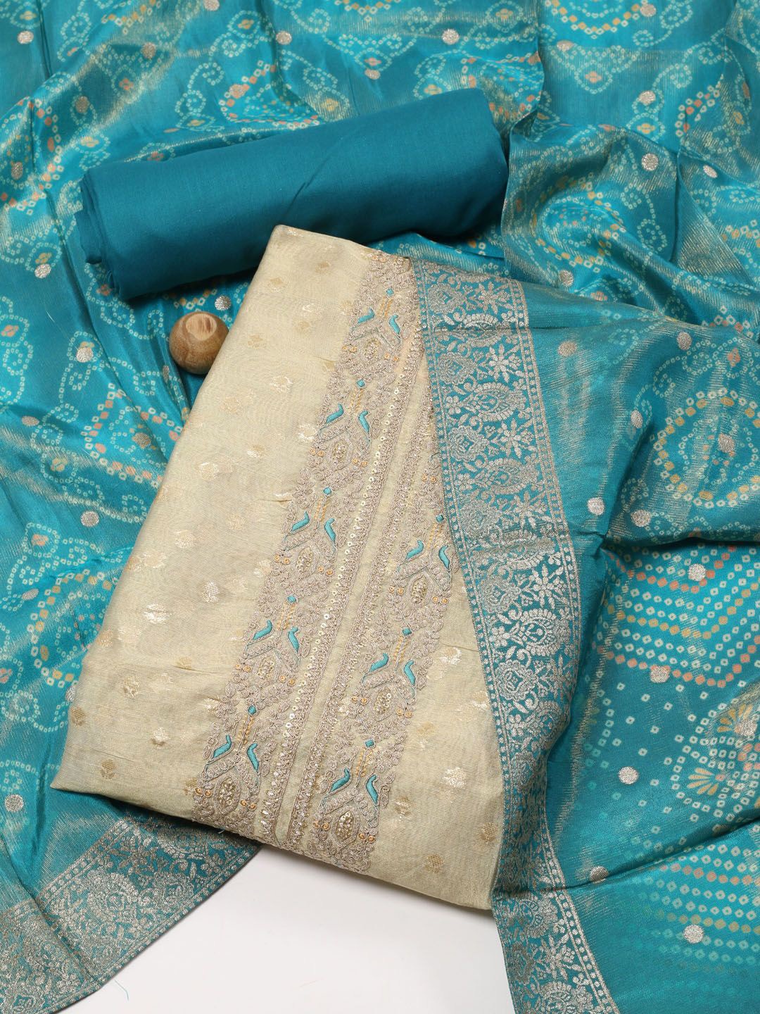 

Meena Bazaar Ethnic Motifs Woven Design Sequinned Unstitched Dress Material, Beige