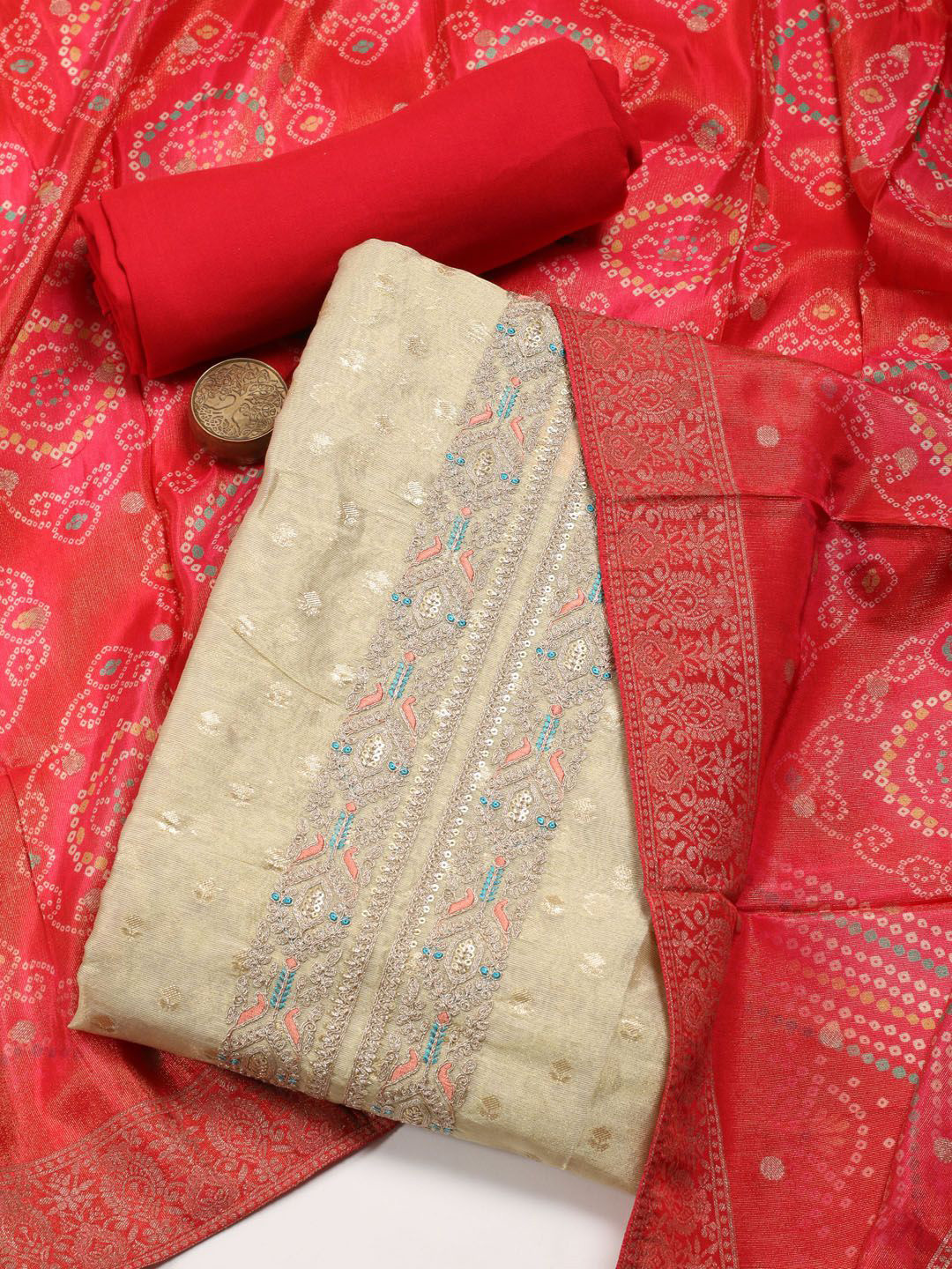 

Meena Bazaar Ethnic Motifs Woven Design Zari Unstitched Dress Material, Beige