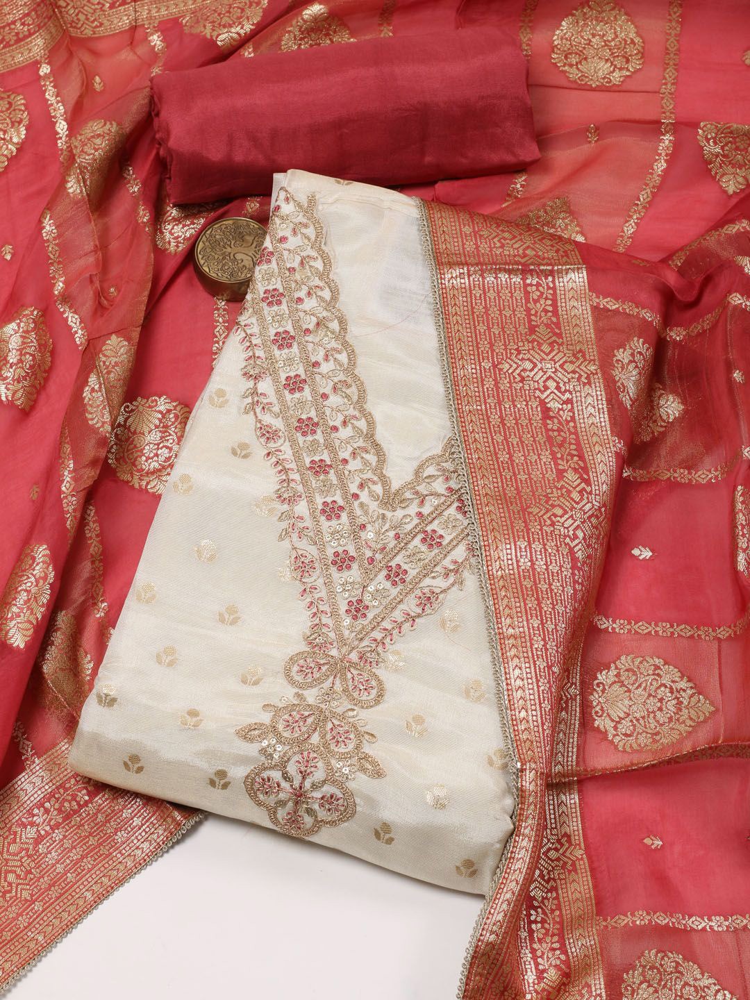 

Meena Bazaar Floral Woven Design Zari Unstitched Dress Material, Beige