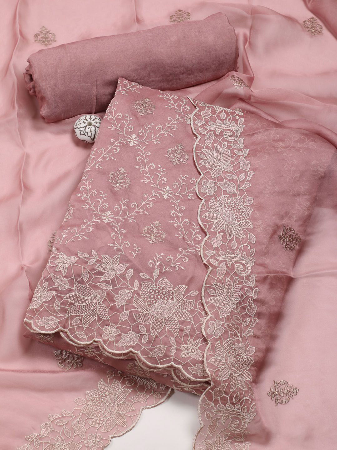 

Meena Bazaar Floral Embroidered Unstitched Dress Material, Pink