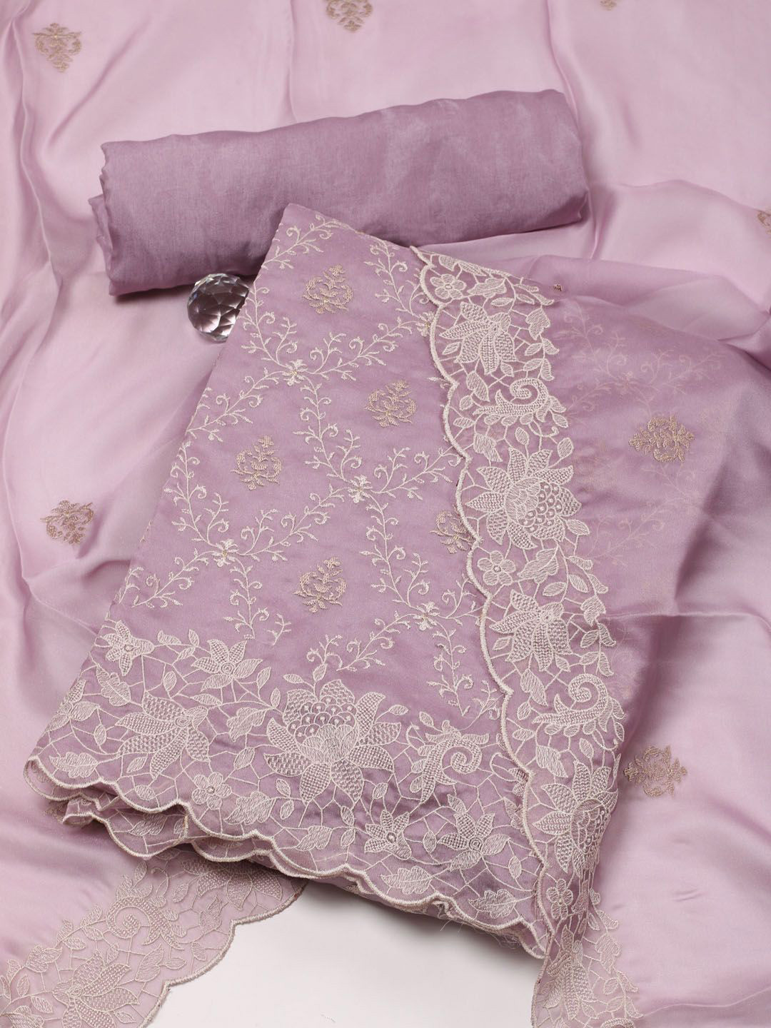 

Meena Bazaar Ethnic Motifs Embroidered Unstitched Dress Material, Lavender