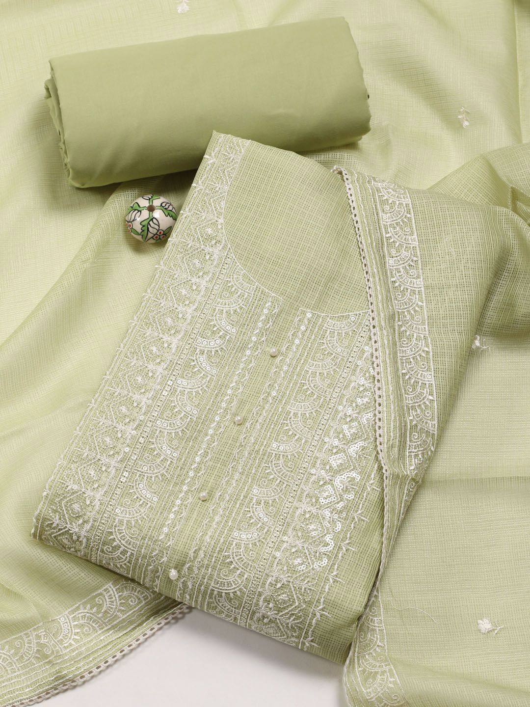 

Meena Bazaar Ethnic Motifs Embroidered Sequinned Unstitched Dress Material, Green