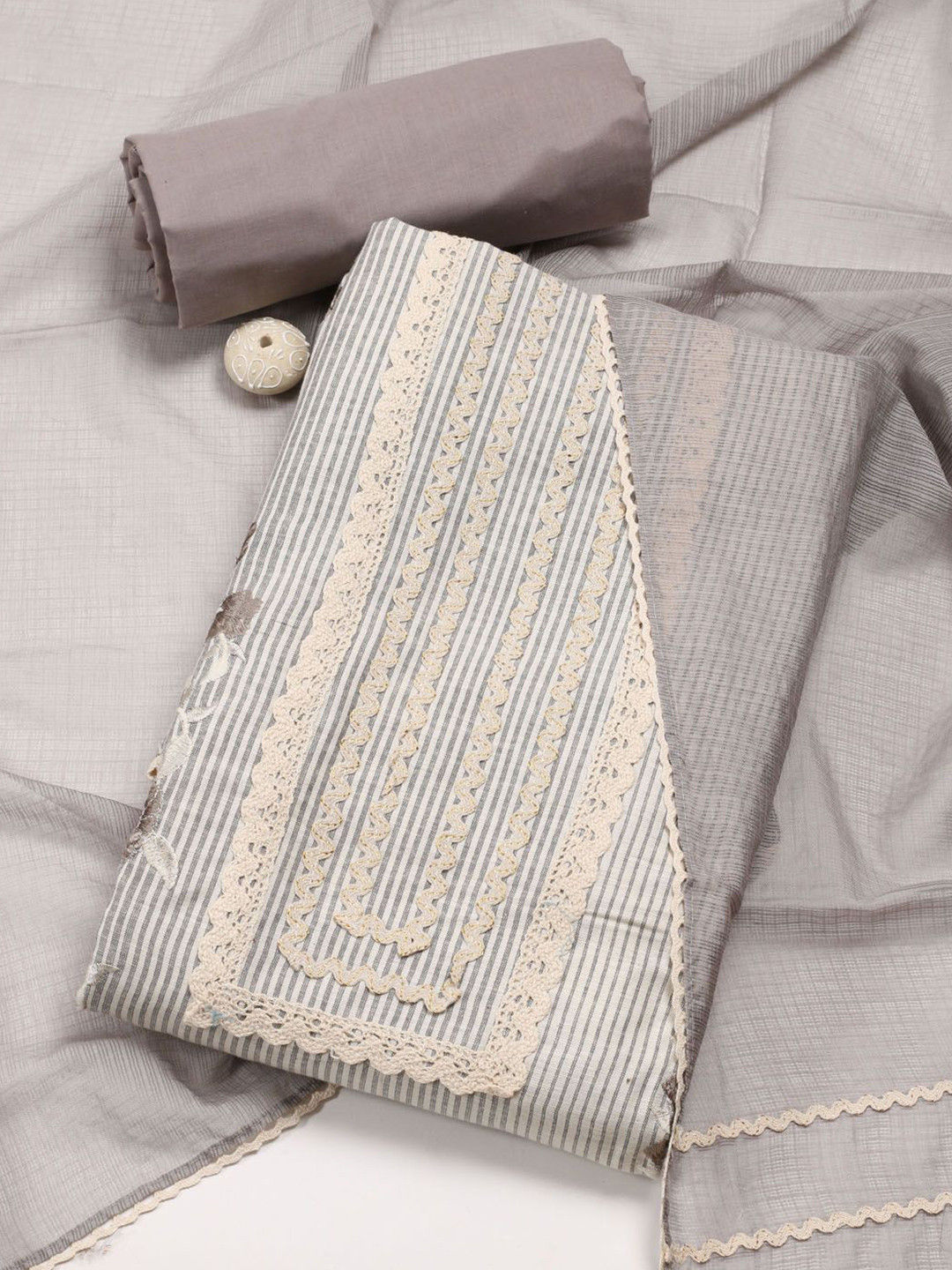 

Meena Bazaar Striped Gotta Patti Unstitched Dress Material, Grey