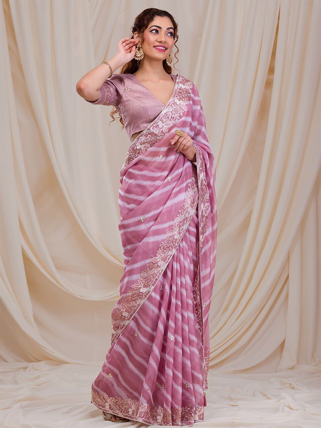 

Jinal & Jinal Leheriya Printed Embroidered Saree, Pink