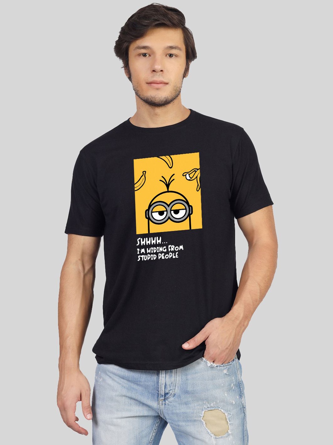 

Greylongg Men Graphic Printed Round Neck Cotton T-Shirt, Black
