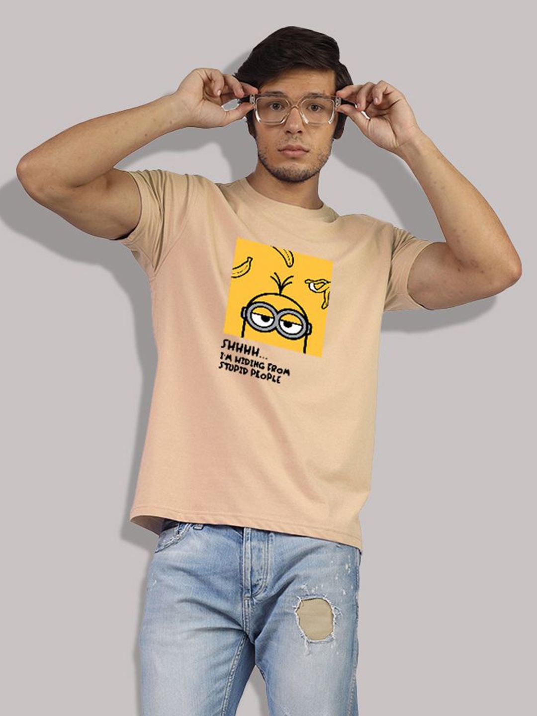 Greylongg Men Graphic Printed Round Neck Cotton T-Shirt, Beige