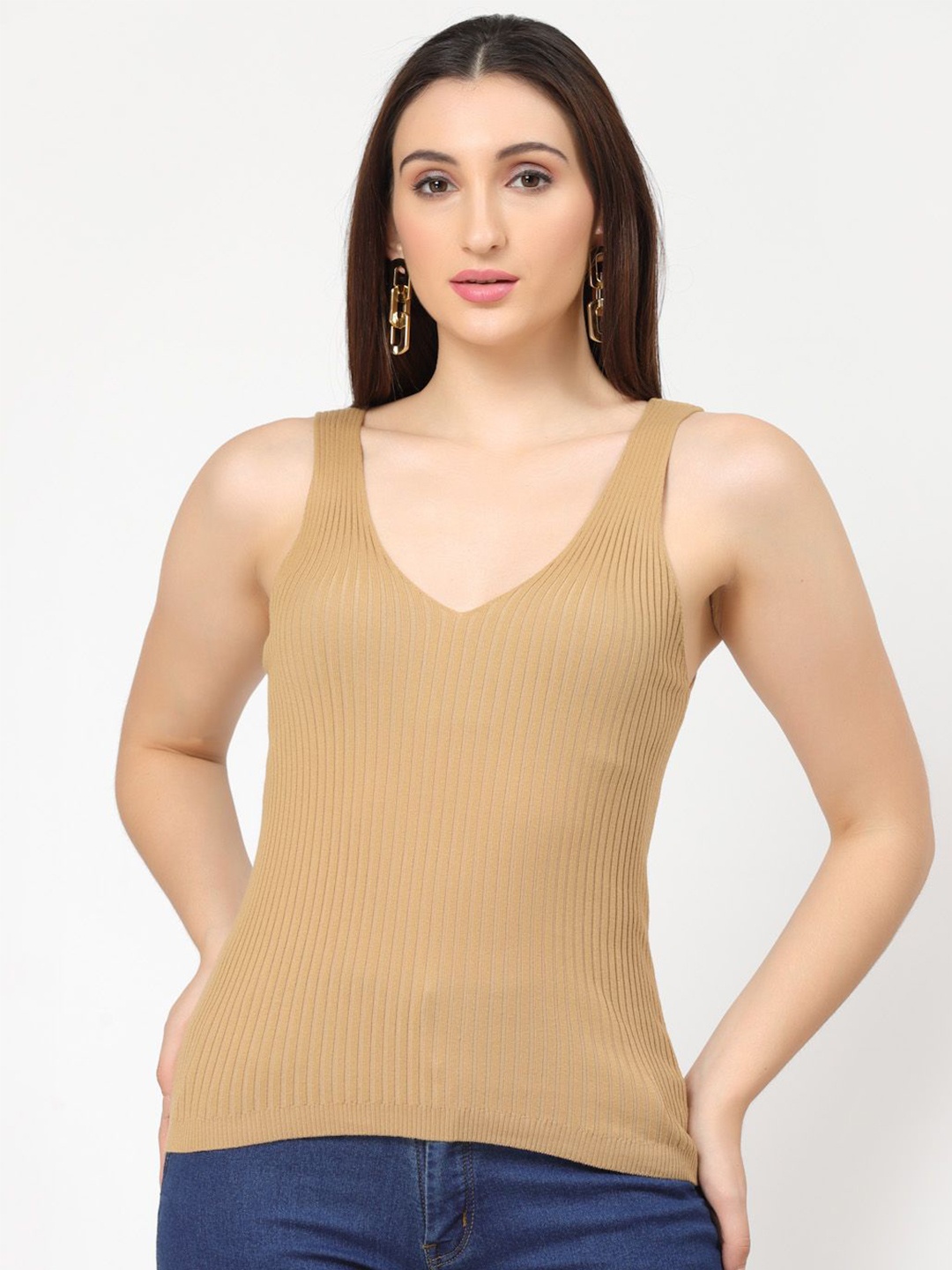 

Kalt Women Sleeveless Round Neck Cotton Fitted Top, Khaki