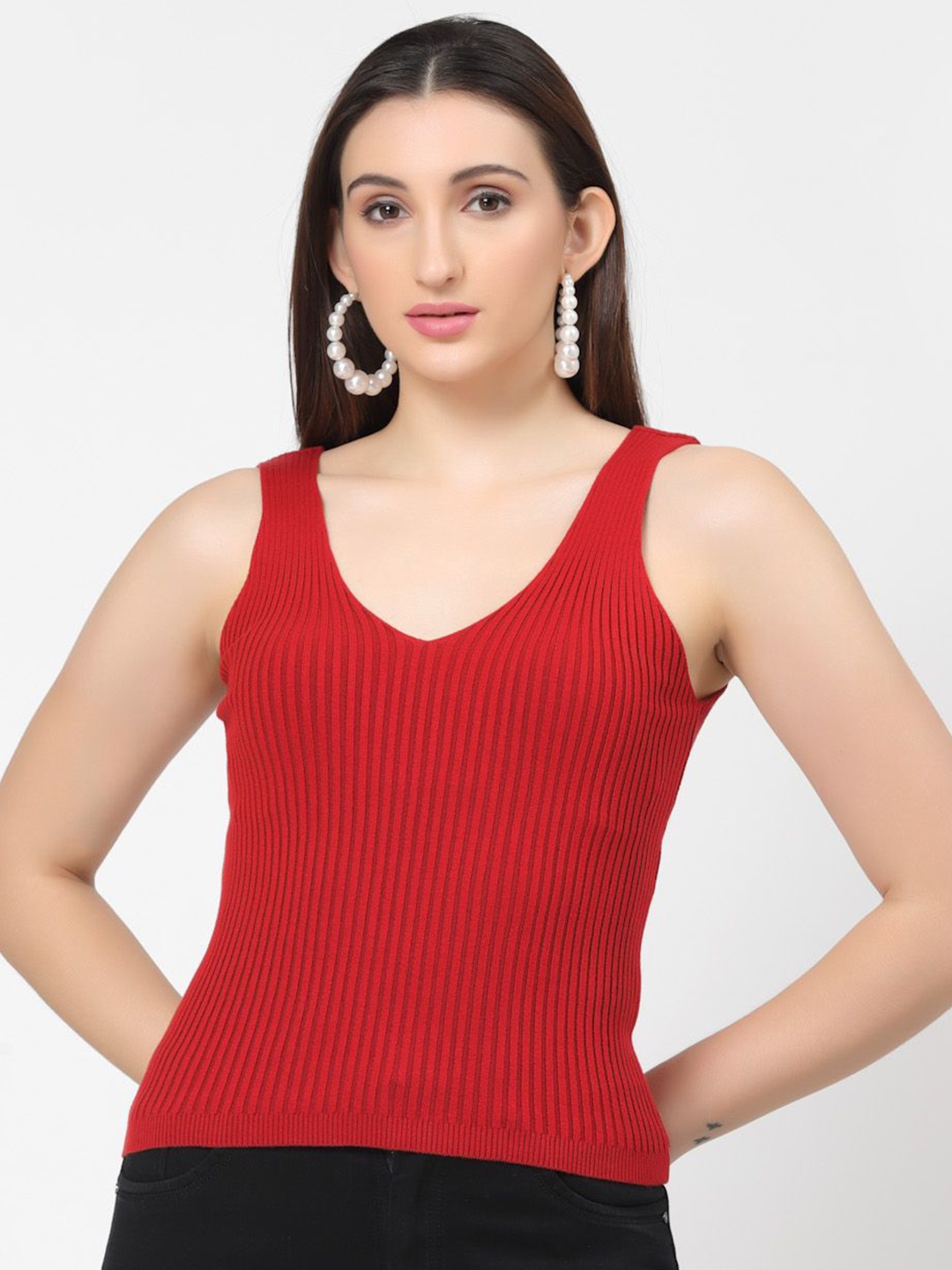 

Kalt Women Sleeveless Round Neck Cotton Fitted Top, Red