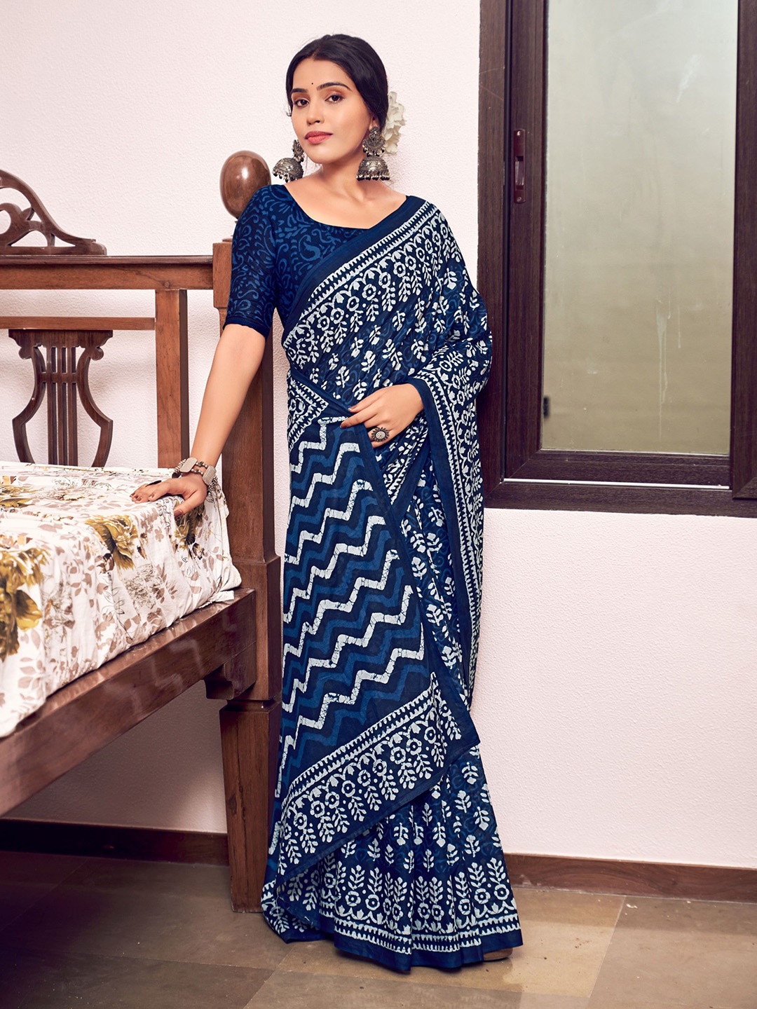 

Munir Ajrak Block Printed Pure Cotton Bagru Saree, Blue