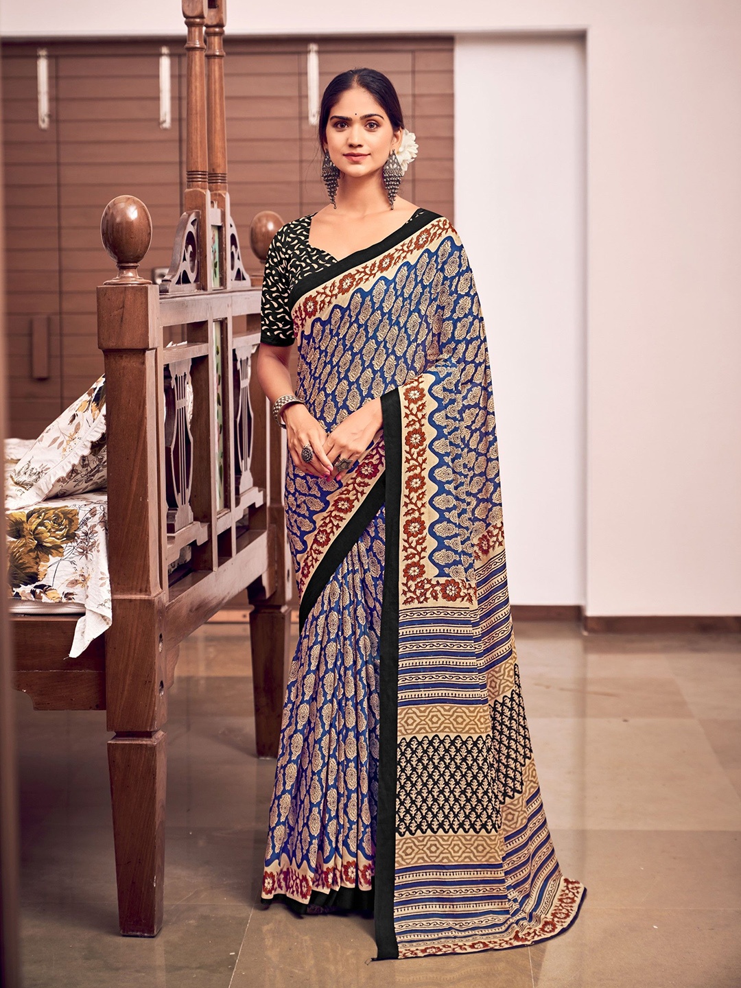 

Munir Ethnic Motifs Printed Pure Cotton Bagru Saree, Blue