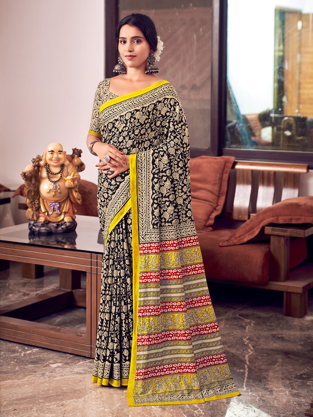 

Munir Kalamkari Printed Pure Cotton Bagru Saree, Yellow