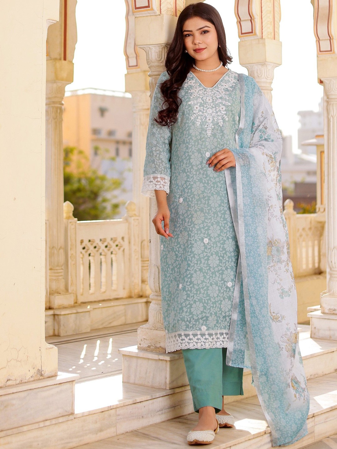 

VAASVA JAIPUR Floral Printed Thread Work Linen Straight Kurta With Trousers & Dupatta, Blue