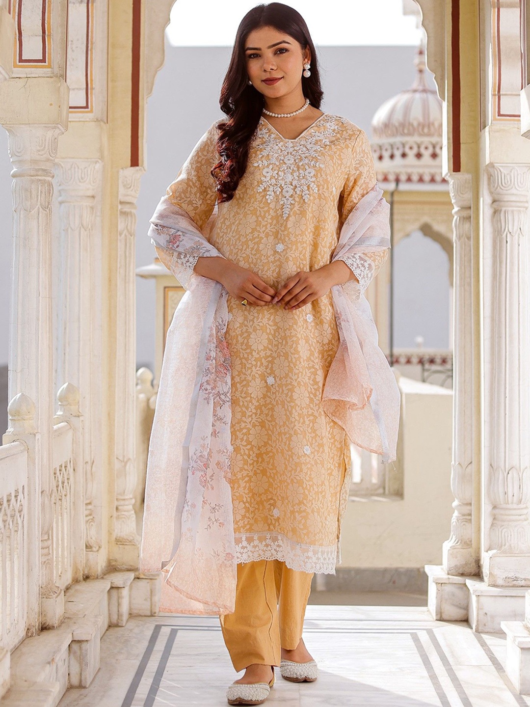 

VAASVA JAIPUR Floral Printed Thread Work Linen Straight Kurta With Trousers & Dupatta, Beige