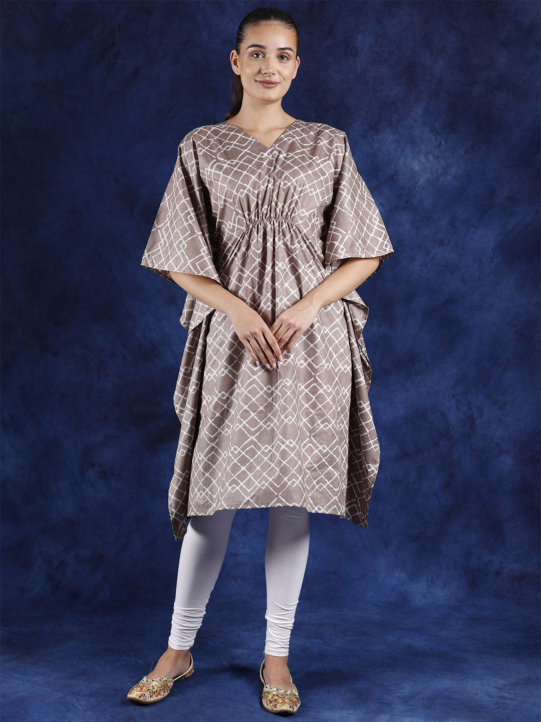 

Exotic India Pure Cotton Printed V-Neck Kaftan Dress, Brown