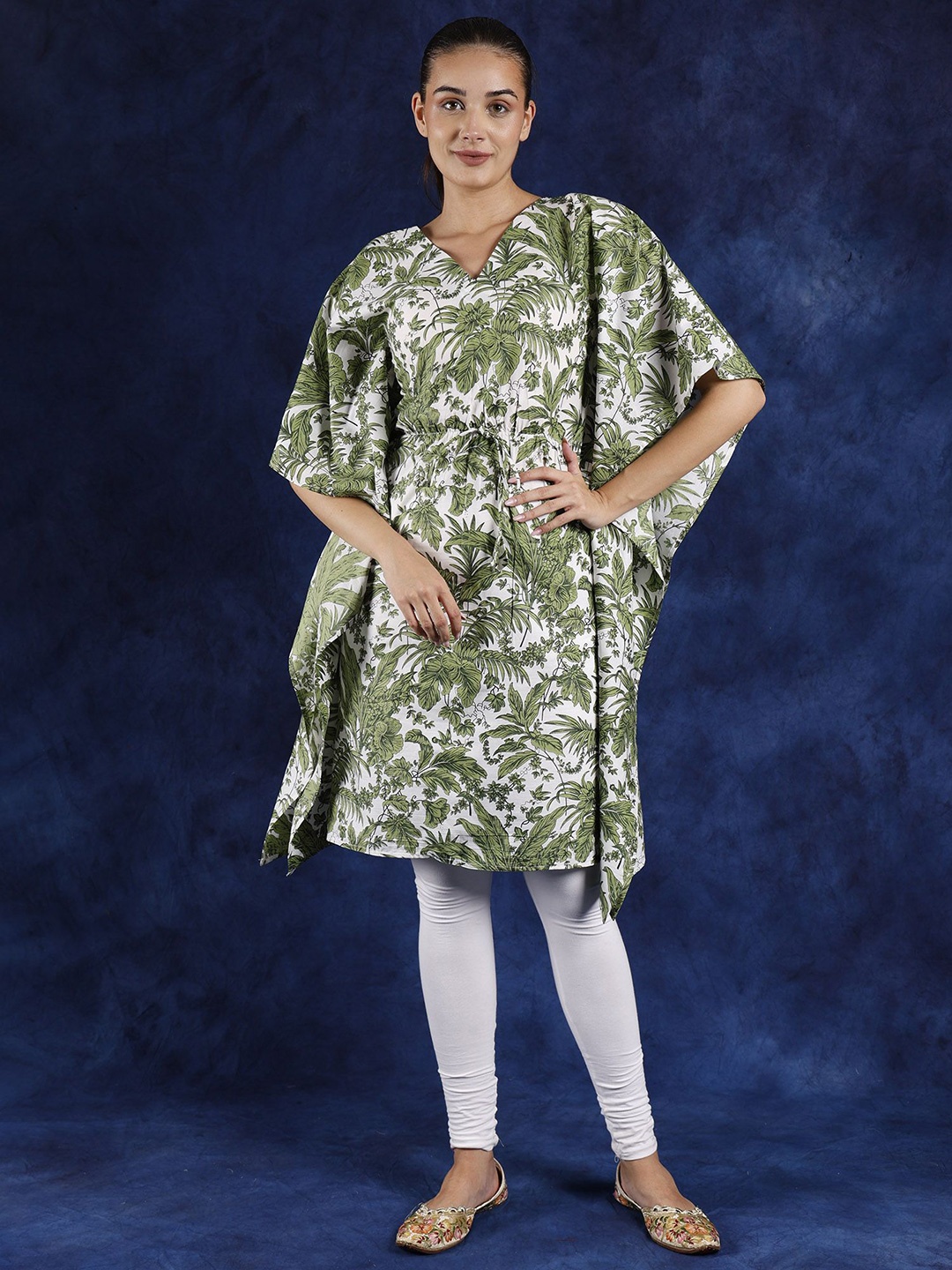 

Exotic India Green and White Pure Cotton Kaftan with All Over Printed Foliage