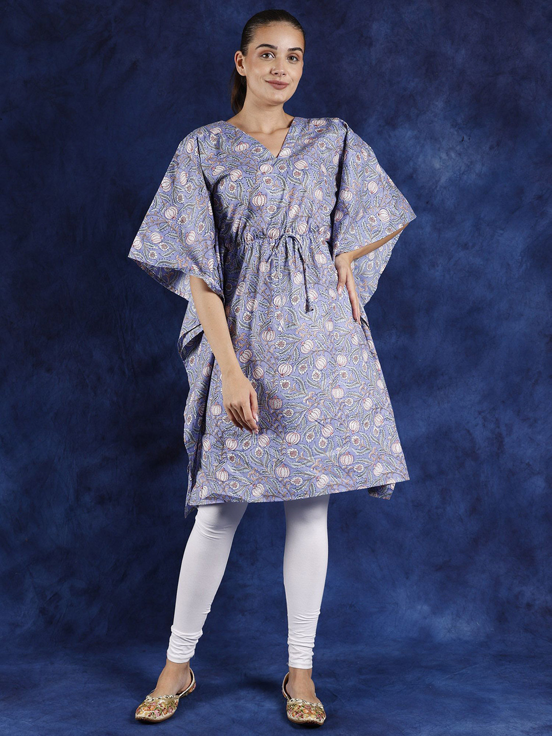 

Exotic India Floral Print Batwing Sleeve Kaftan Dress, Blue