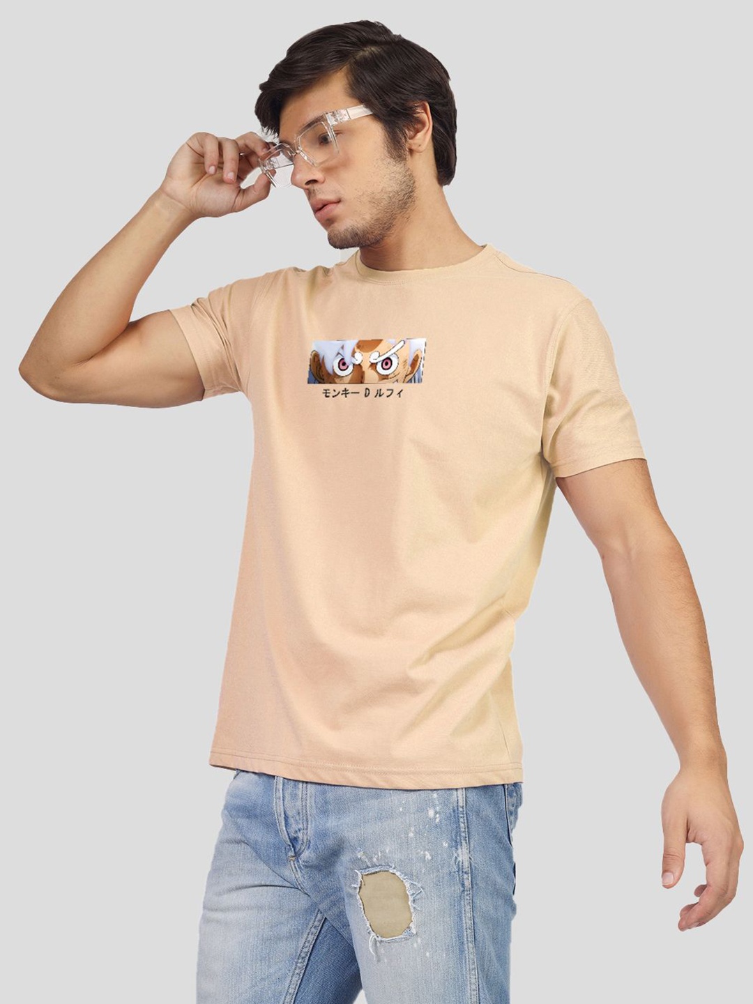 Greylongg Men Graphic Printed Round Neck Cotton T-Shirt, Beige