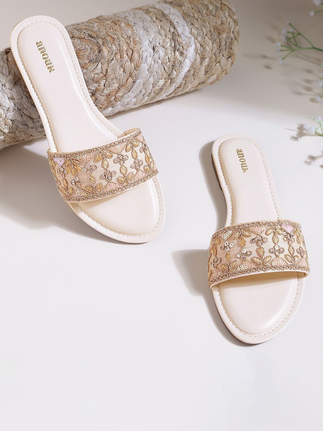 

Anouk Women Embellished Open Toe Flats, Cream