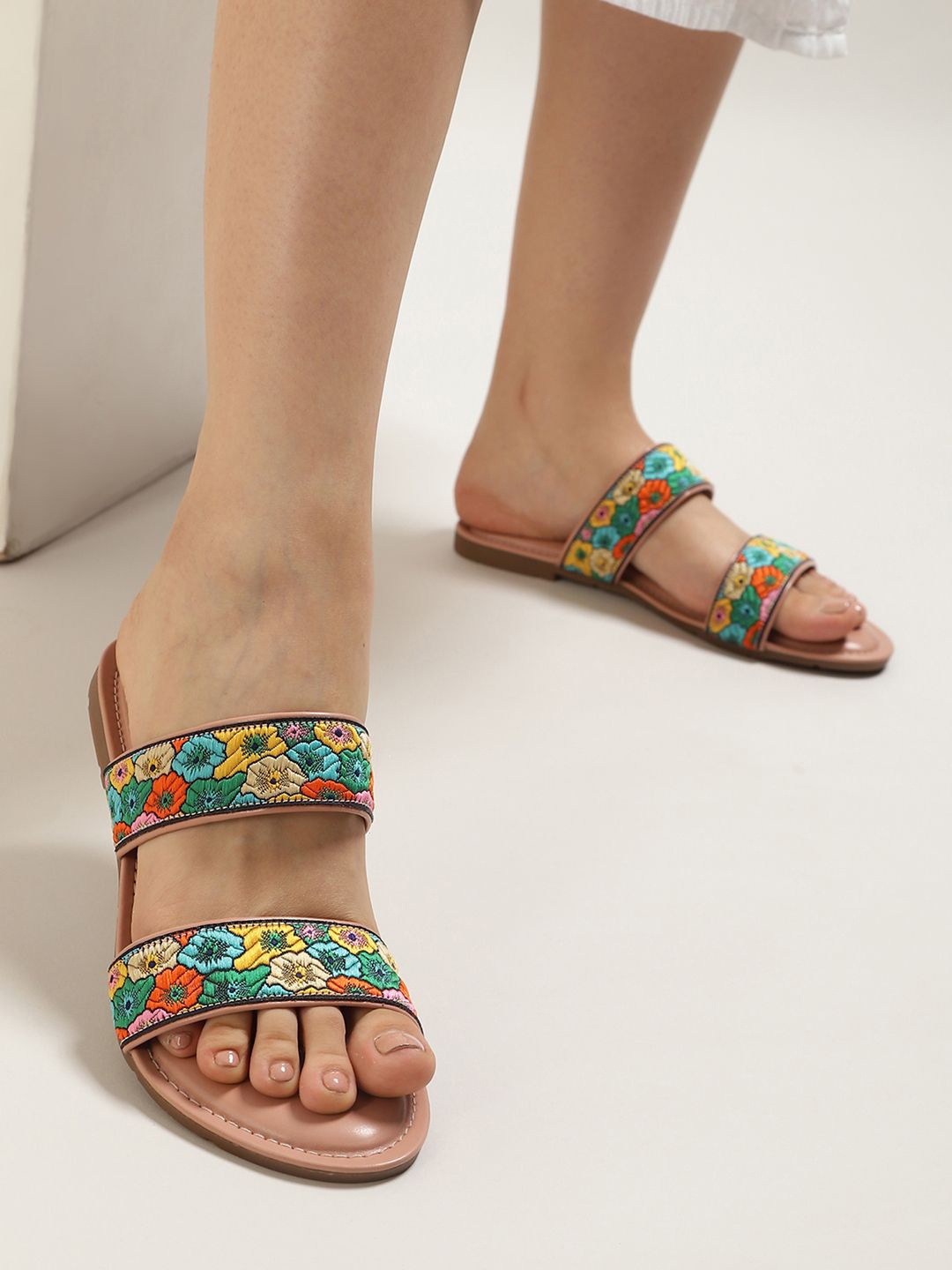

Anouk Women Woven Design Embroidered Open Toe Flats, Peach