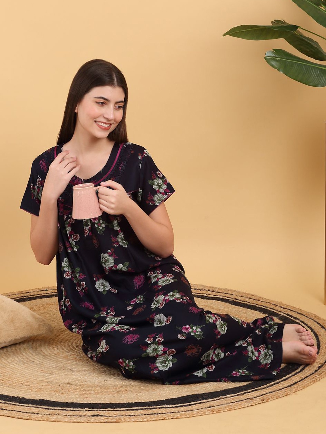 

Sweet Dreams Round Neck Printed Maxi Nightdress, Navy blue