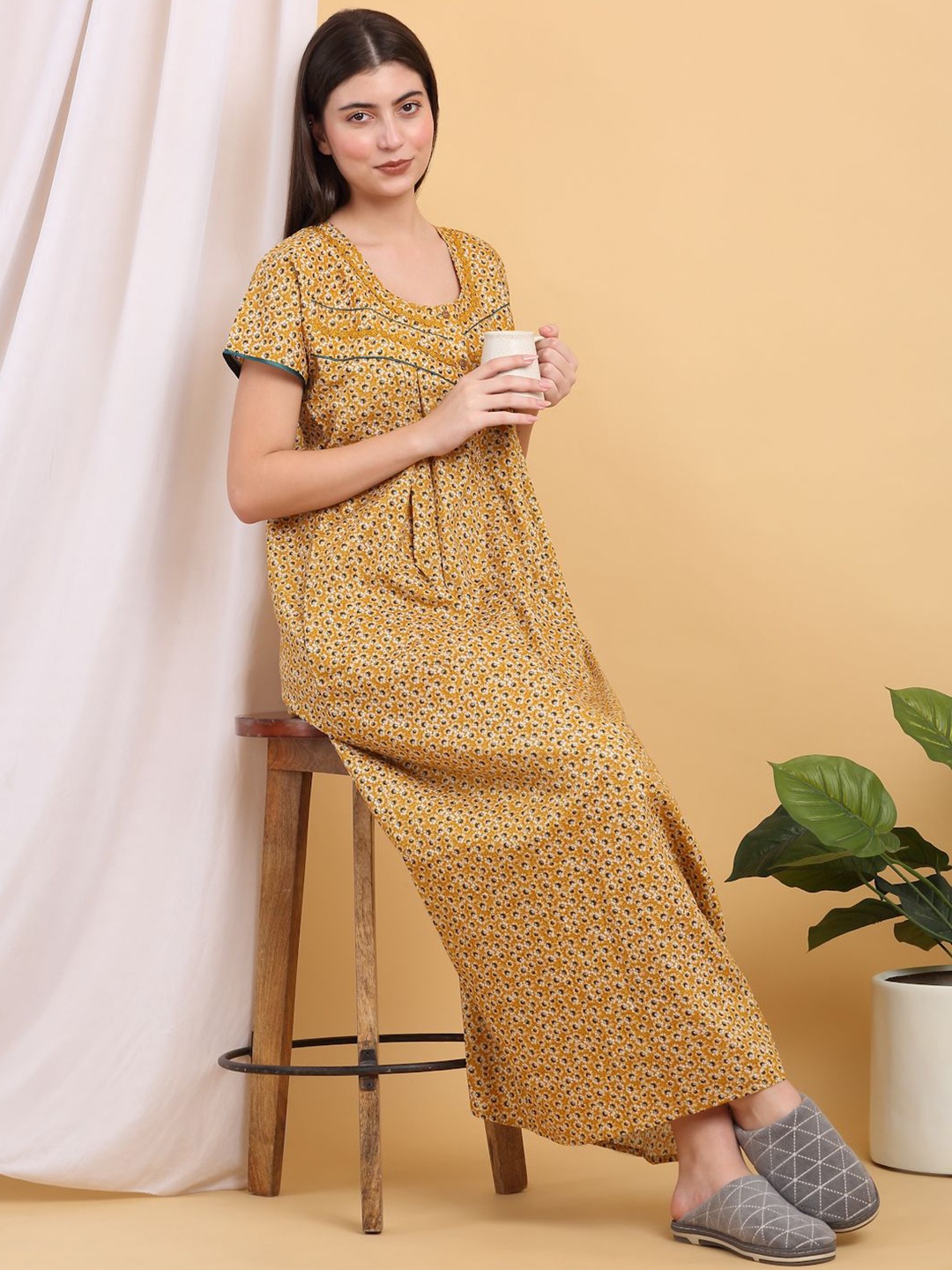 

Sweet Dreams Round Neck Printed Maxi Nightdress, Yellow