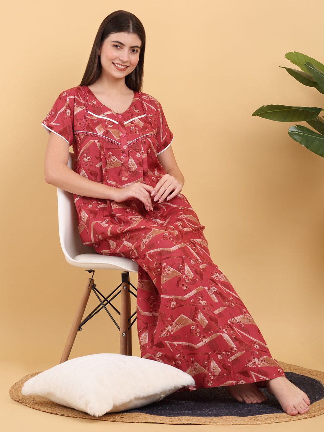 

Sweet Dreams Short Sleeves Printed Maxi Nightdress, Red