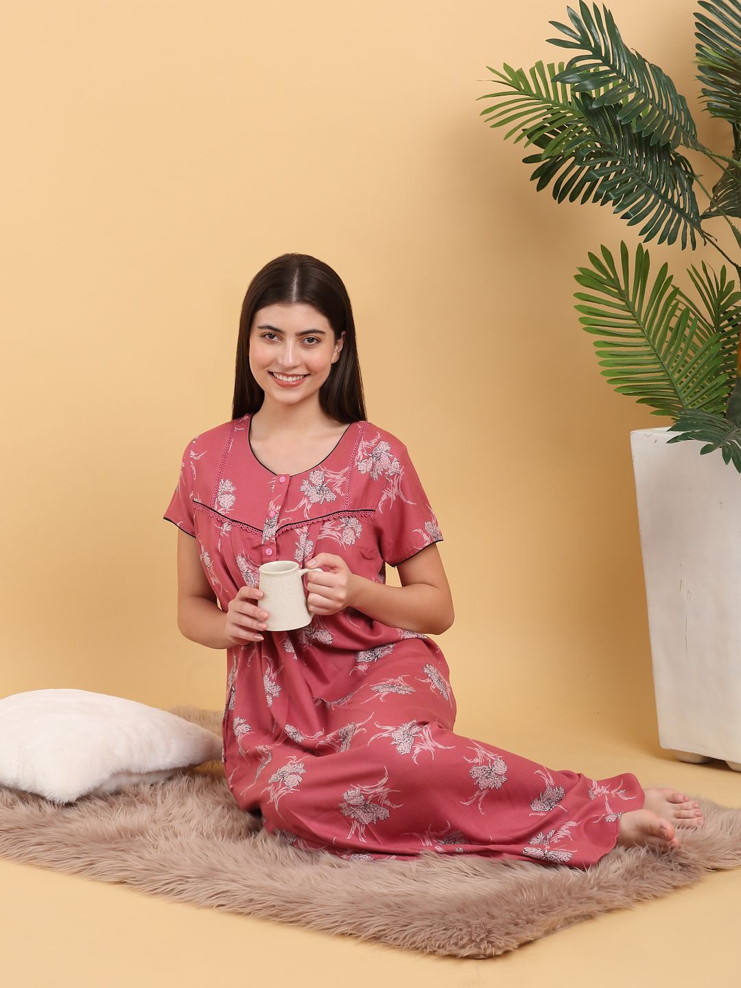

Sweet Dreams Round Neck Printed Maxi Nightdress, Red