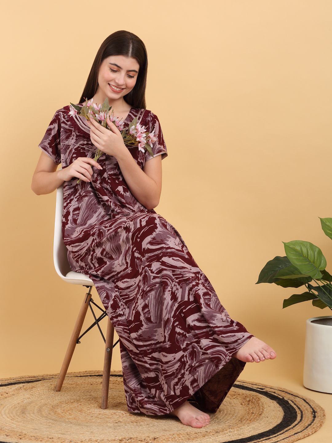 

Sweet Dreams Round Neck Print Maxi Nightdress, Maroon