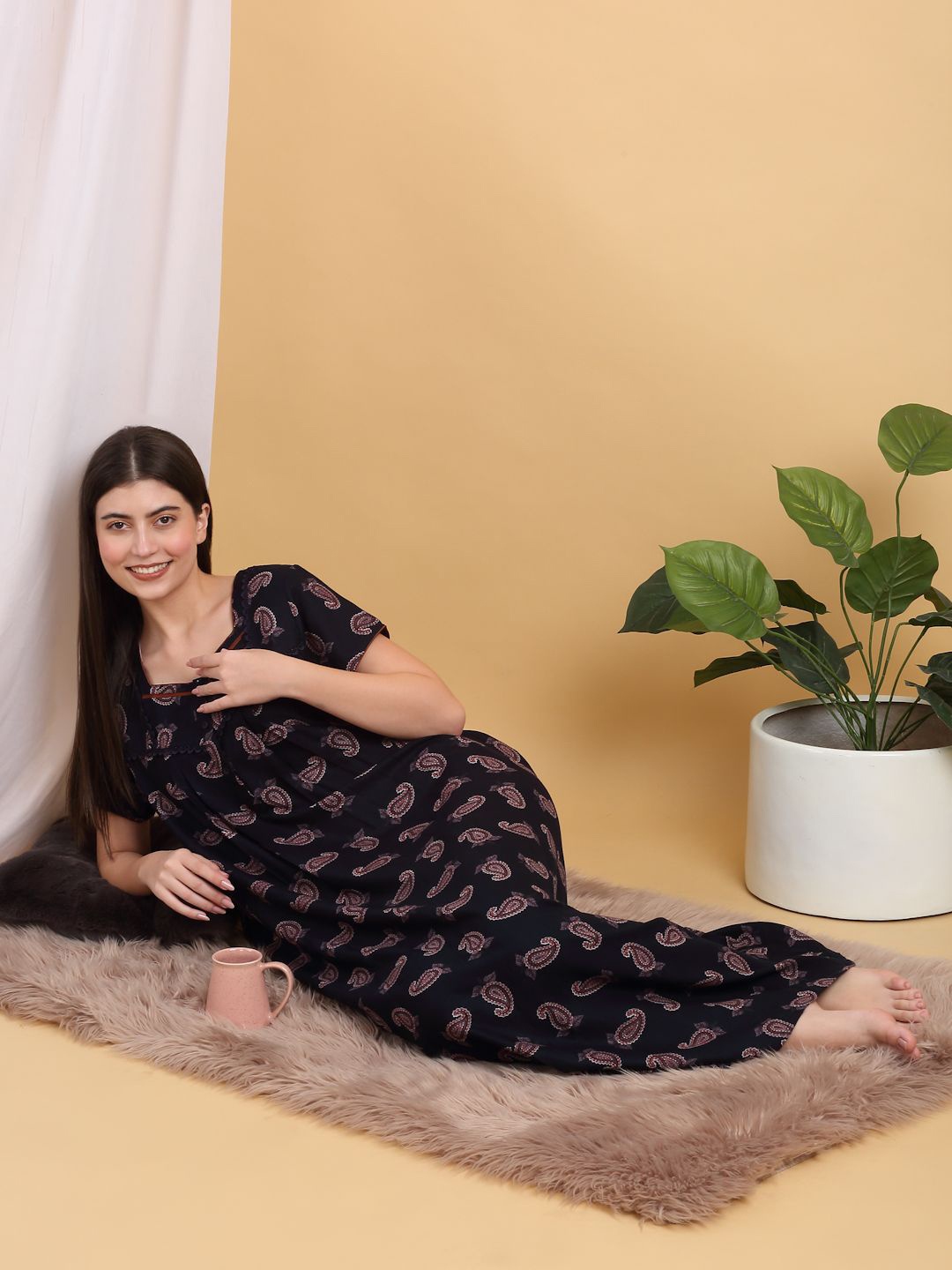 

Sweet Dreams Ethnic Motifs Print Square Neck Maxi Nightdress, Navy blue