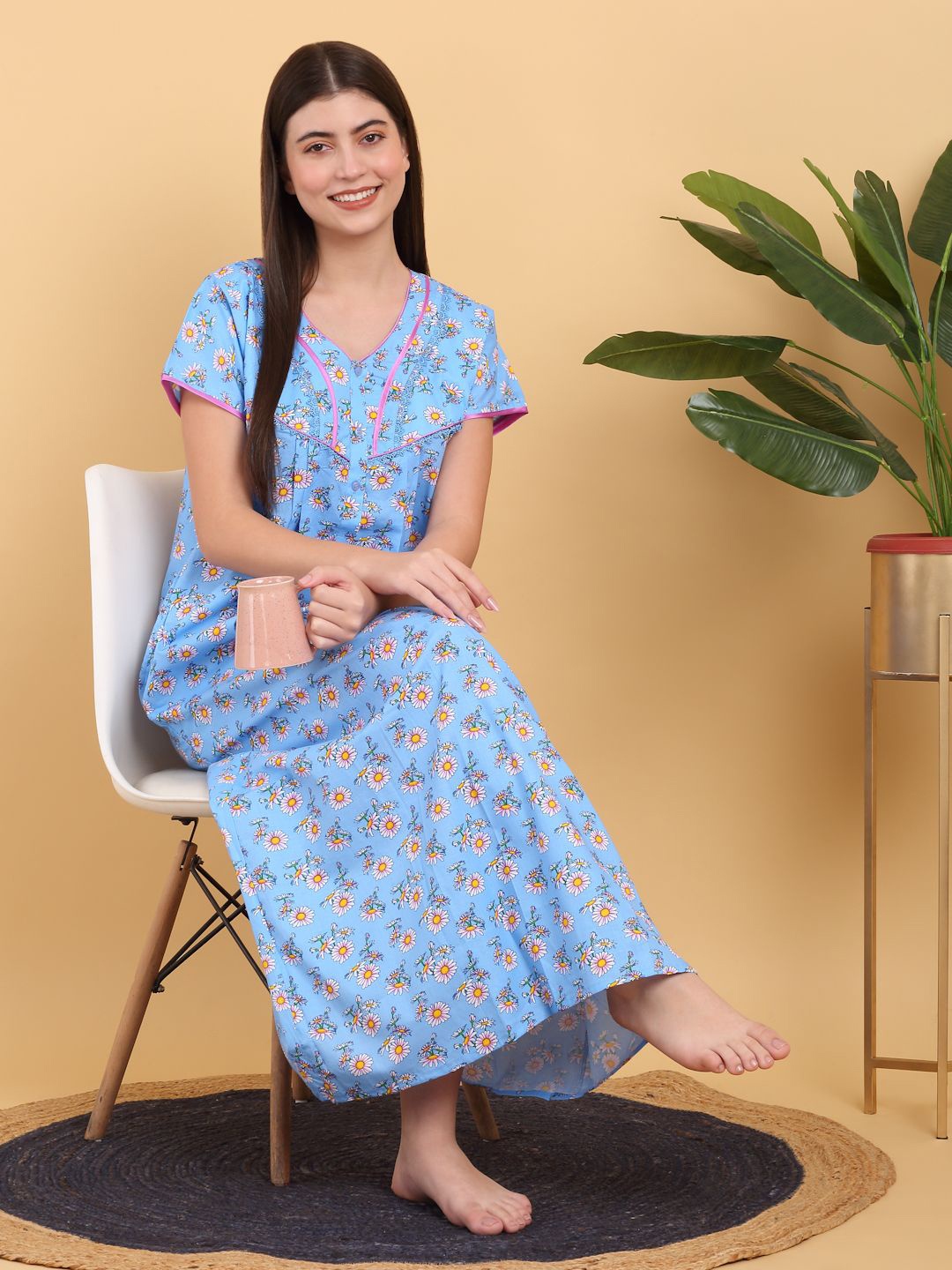 

Sweet Dreams Floral Print Short Sleeves Maxi Nightdress, Blue