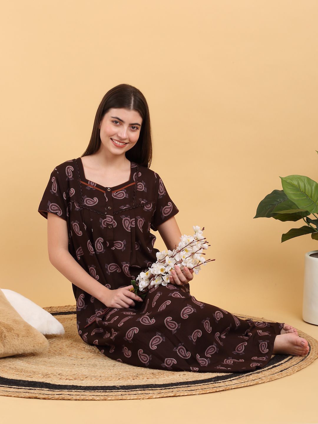 

Sweet Dreams Ethnic Motifs Print Maxi Nightdress, Brown