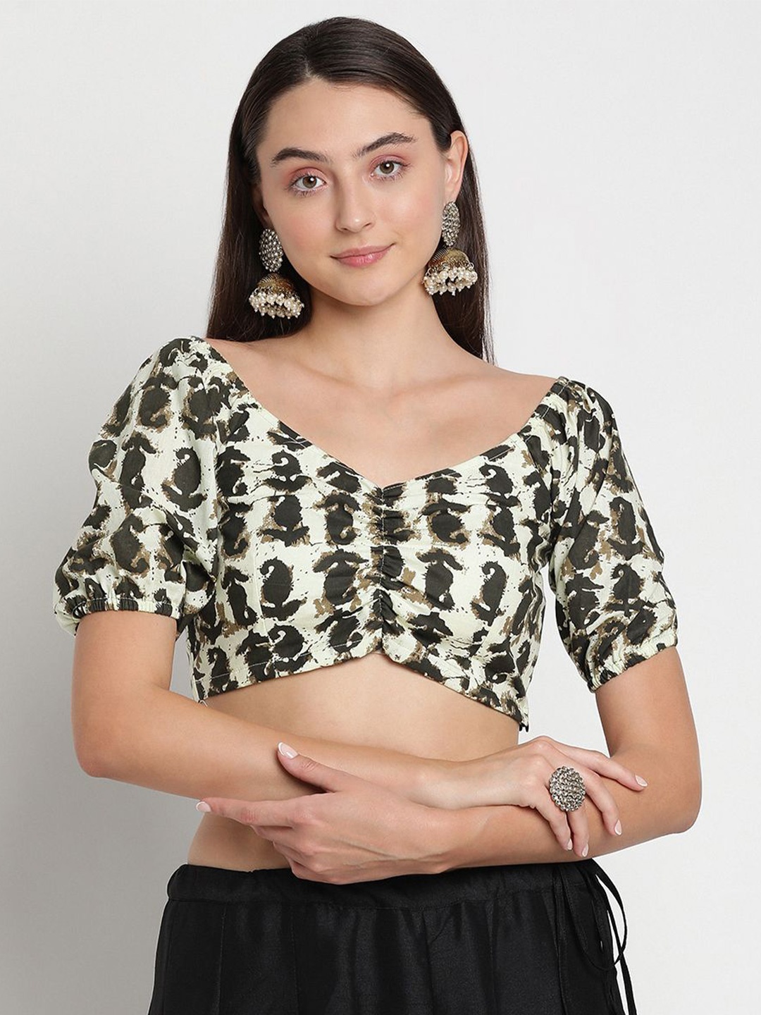 

studio rasa Printed Ethnic Pure Cotton Crop Top, Brown