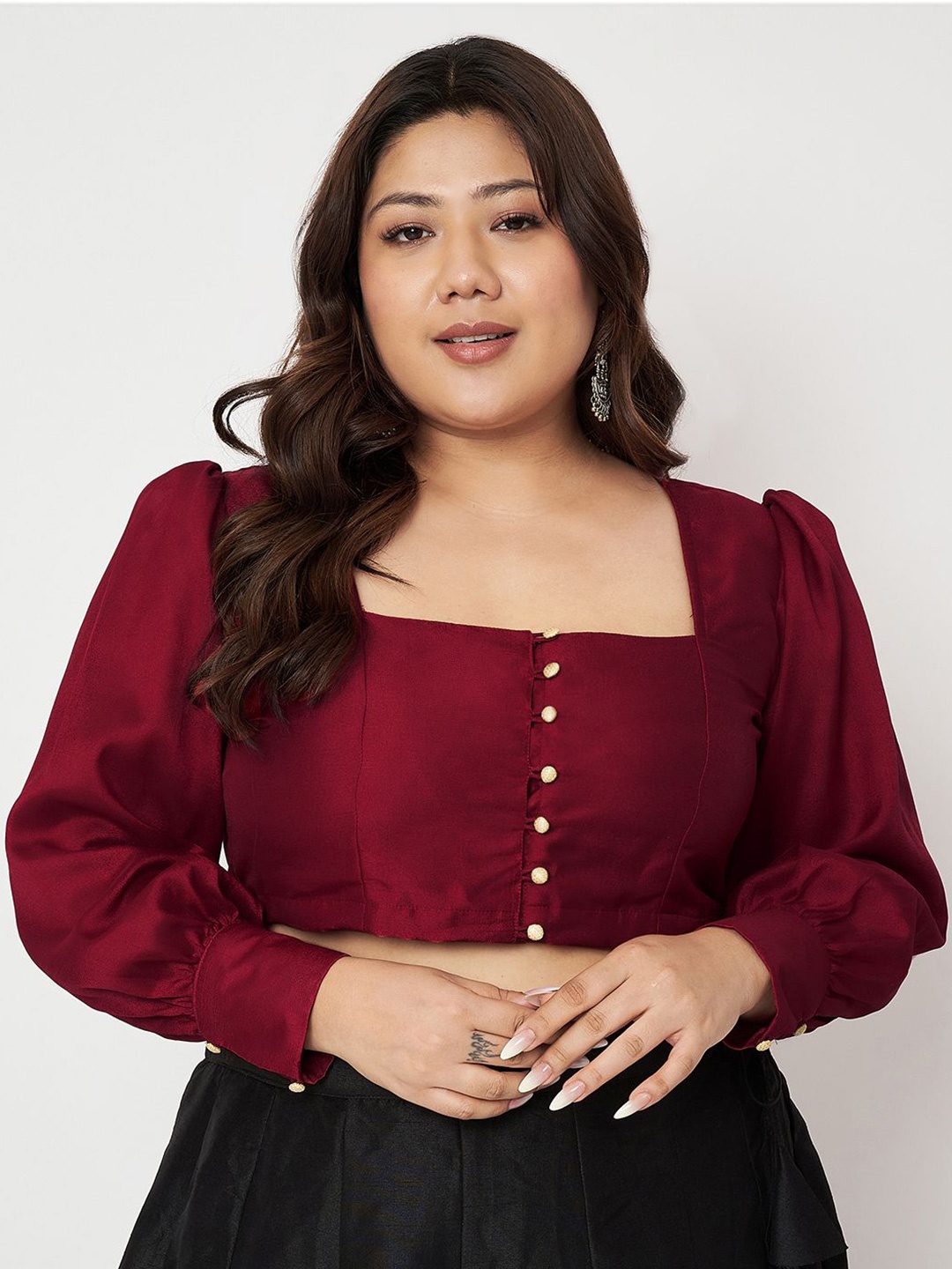 

studio rasa Cuffed Sleeves Plus Size Crop Top, Maroon