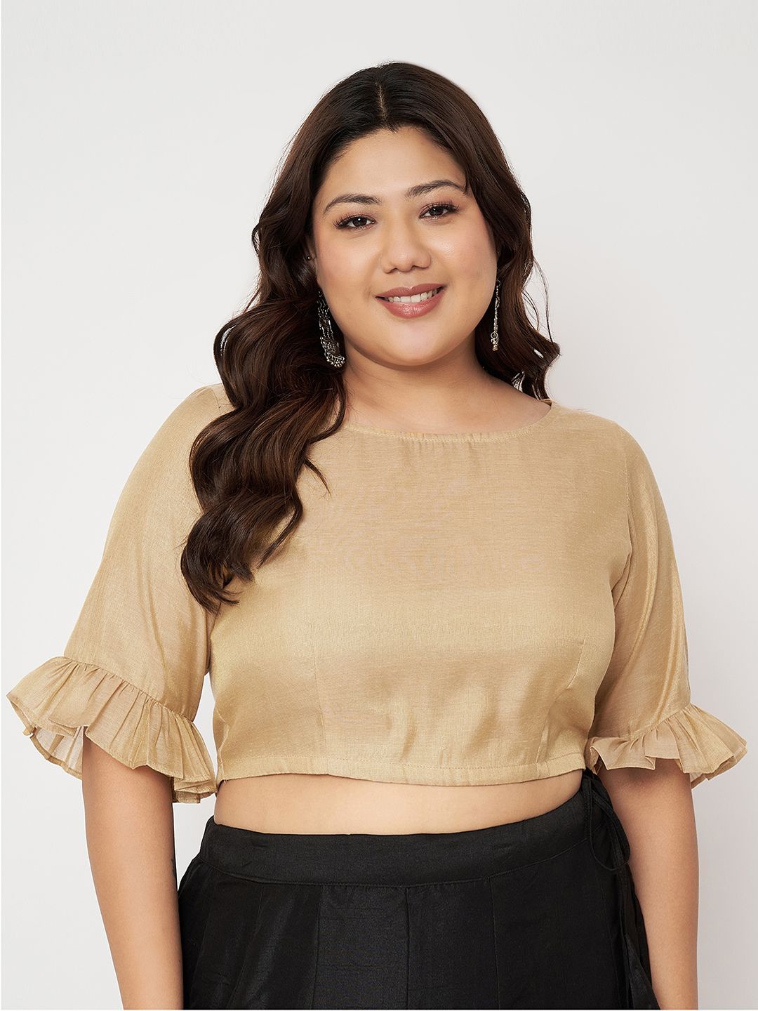 

studio rasa Women Bell Sleeve Sheen Crop Top, Gold