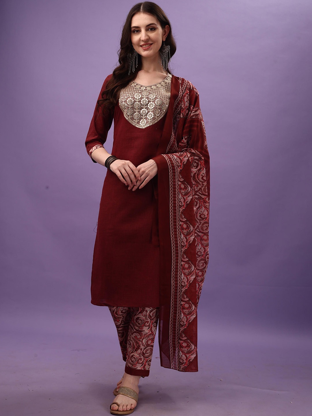 

THE52 Floral Yoke Design Mirror Work Regular Kurta with Trousers & Dupatta, Maroon