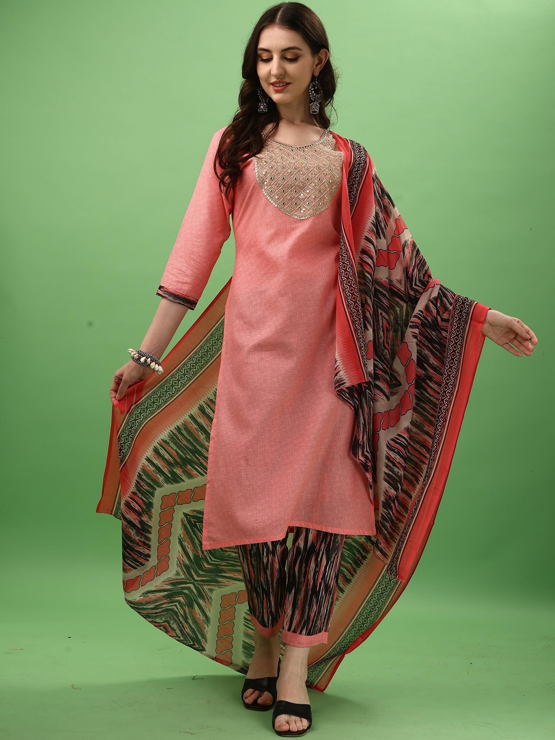 

THE52 Geometric Printed Mirror Work Regular Kurta with Trousers & Dupatta, Pink