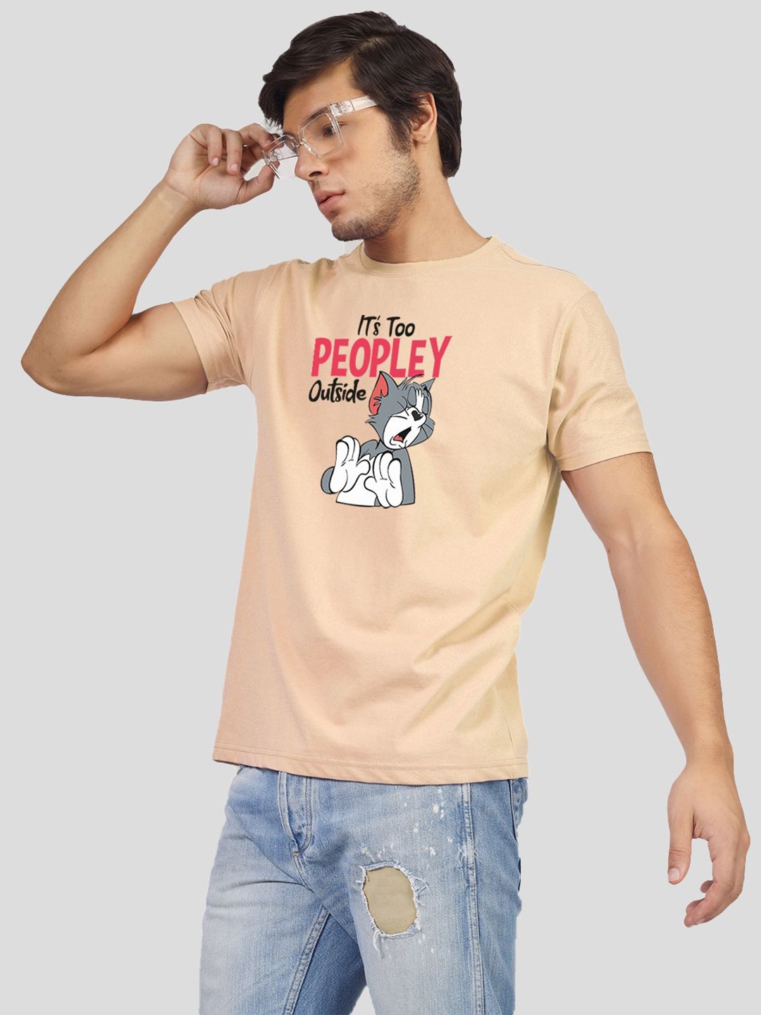 

Greylongg Men Graphic Printed Round Neck Cotton T-Shirt, Beige
