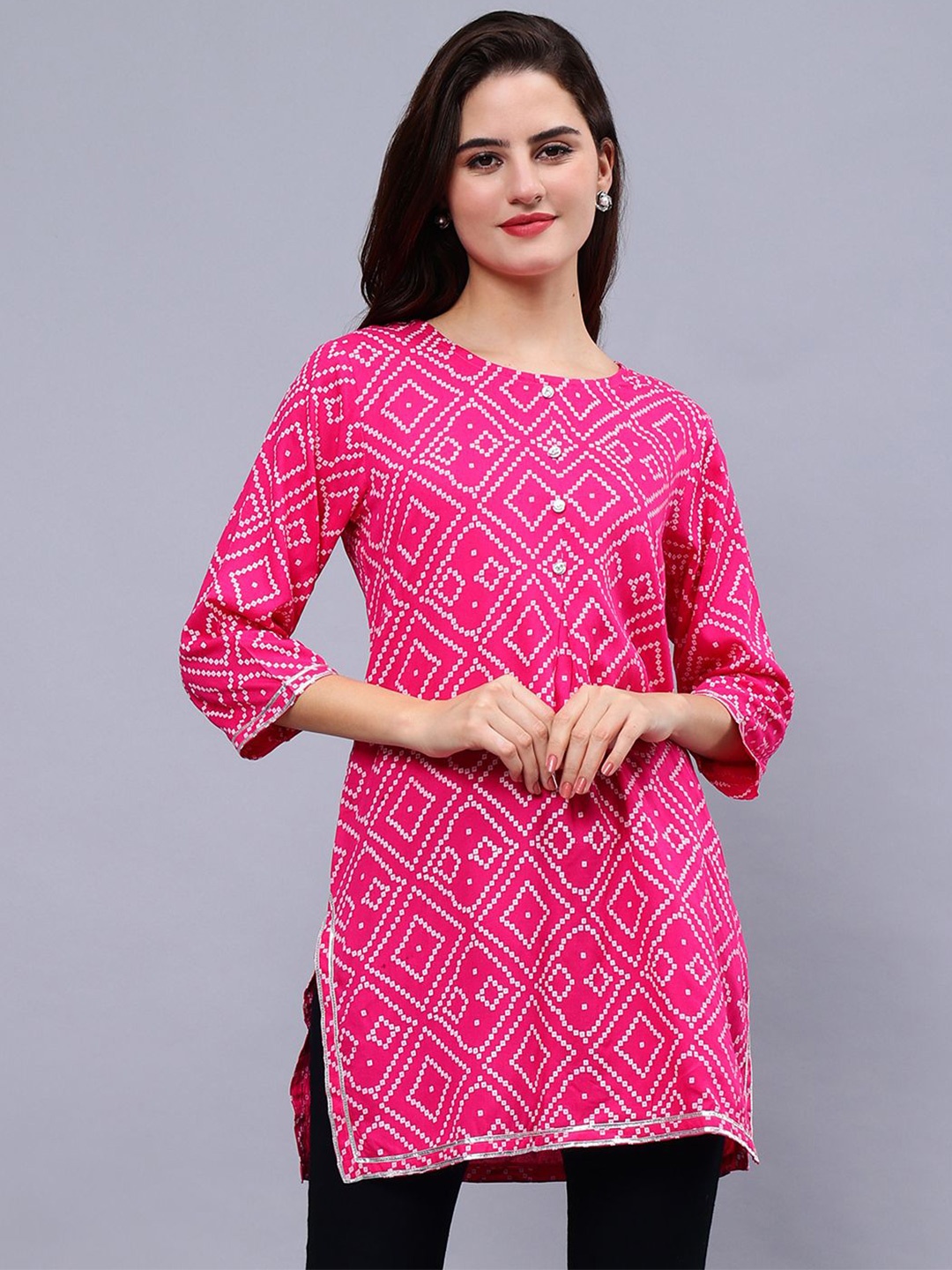 

Frolic Rolic Bandhej Printed Gota Detail Tunic, Pink