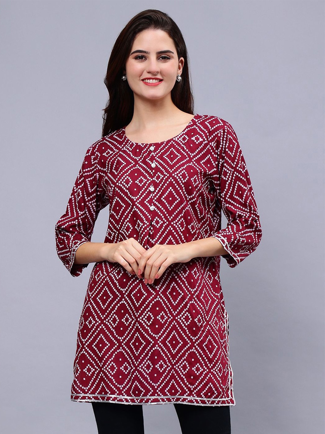 

Frolic Rolic Bandhej Printed Gota Detail Tunic, Maroon