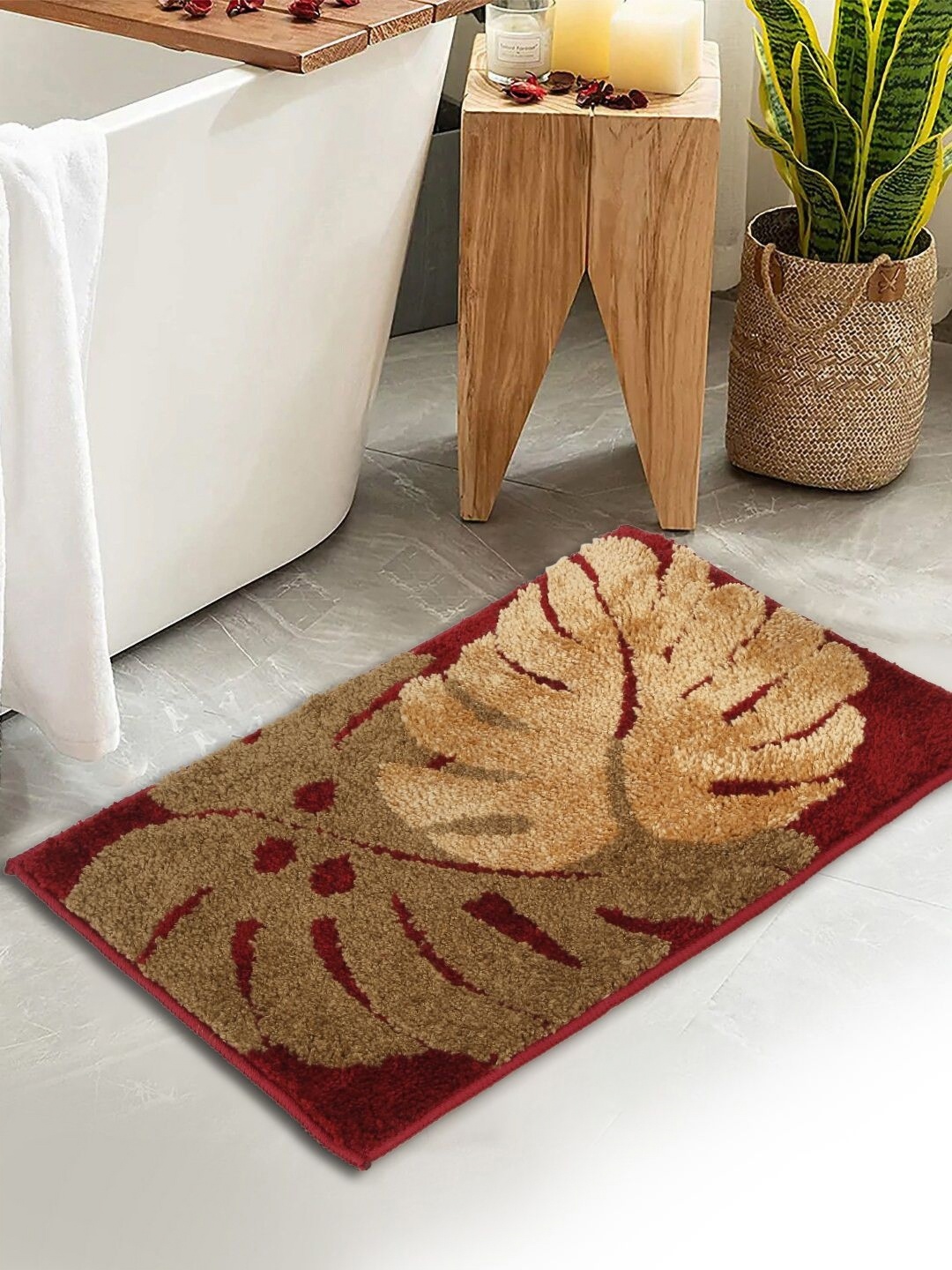 

HOSTA HOMES Maroon & Brown Patterned 280 GSM Water Absorbent Anti-Skid Cotton Bath Rug