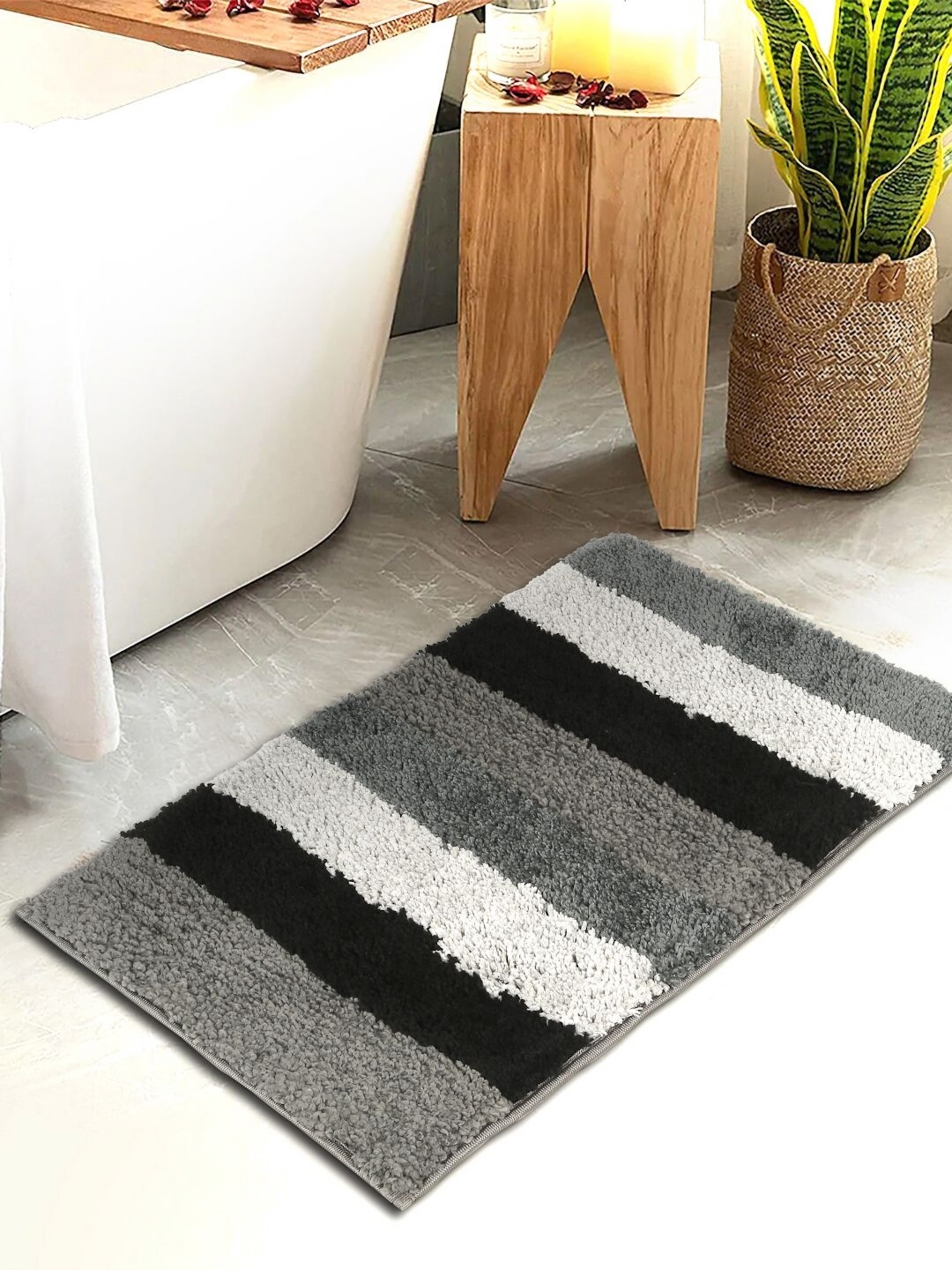 

HOSTA HOMES Black & Grey 280 GSM Striped Water Absorbent Anti-Skid Cotton Bath Rug