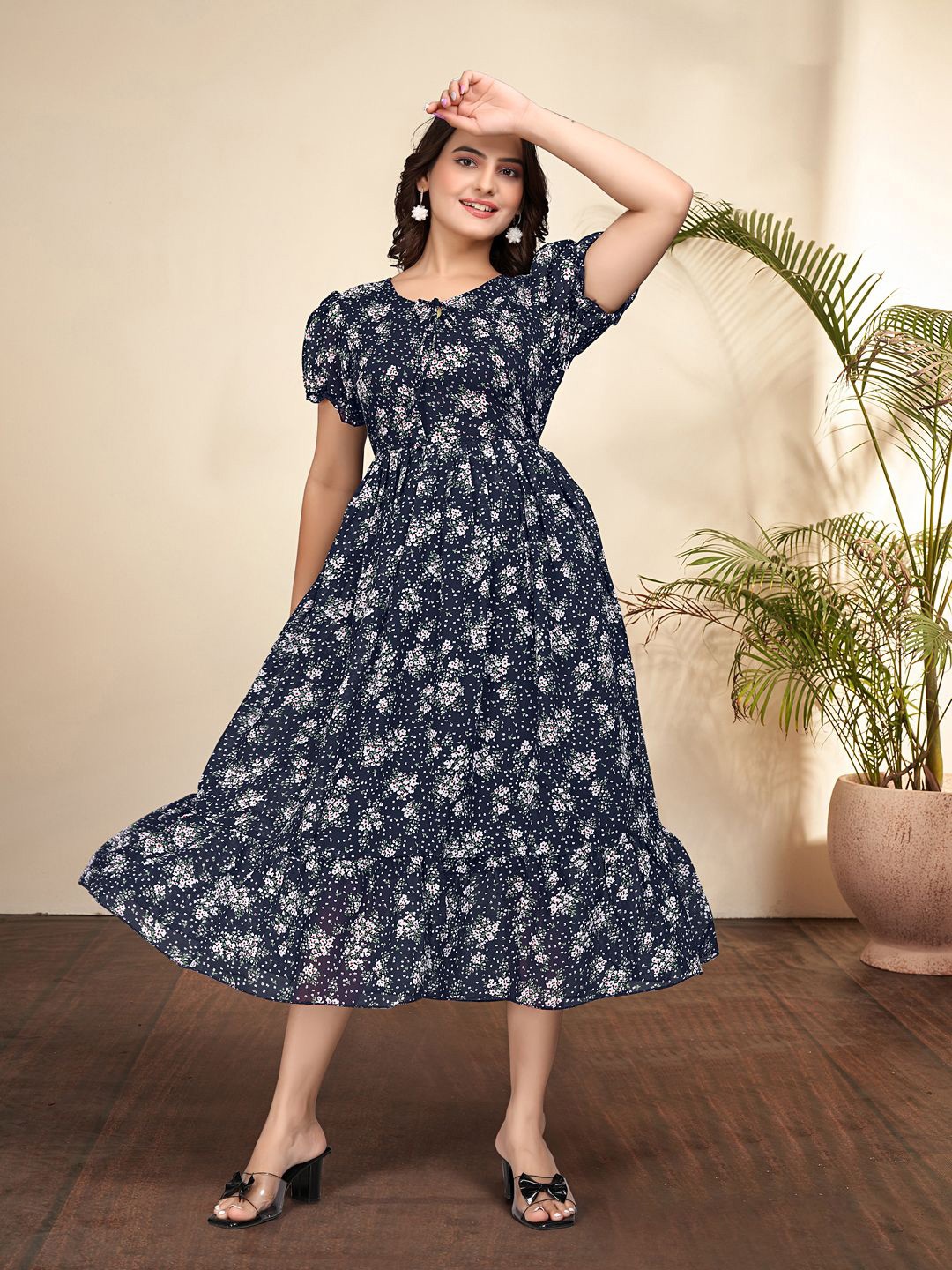 

BAESD Floral Print Fit & Flare Midi Dress, Navy blue